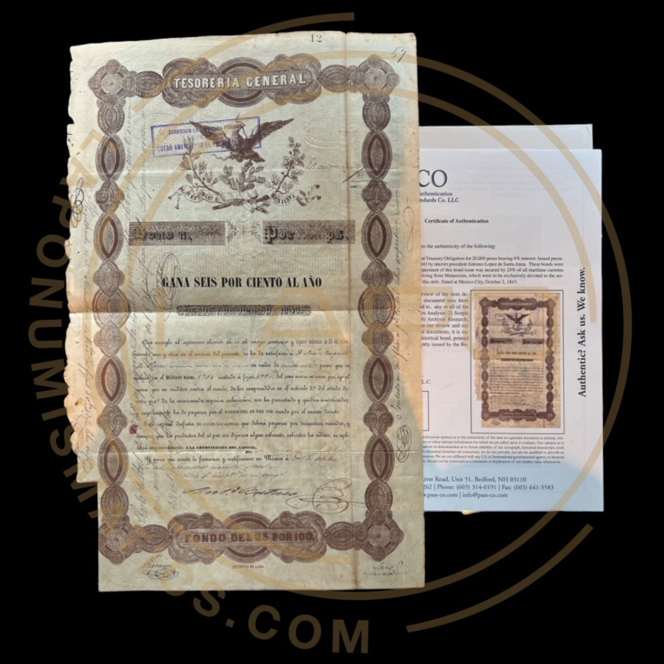 AGUILA NEGRA 1843 $20,000 With PASSCO Certificate of Authentication