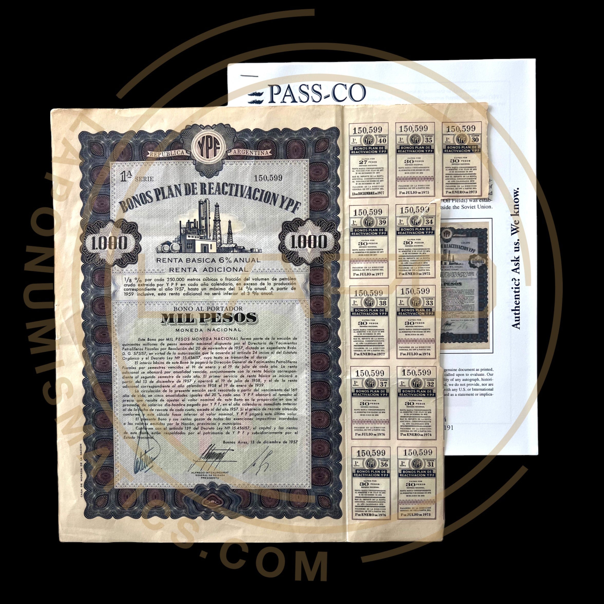 BONO PLAN DE REACTIVACION YPF $1000 WITH PASSCO Certificate of Authentication