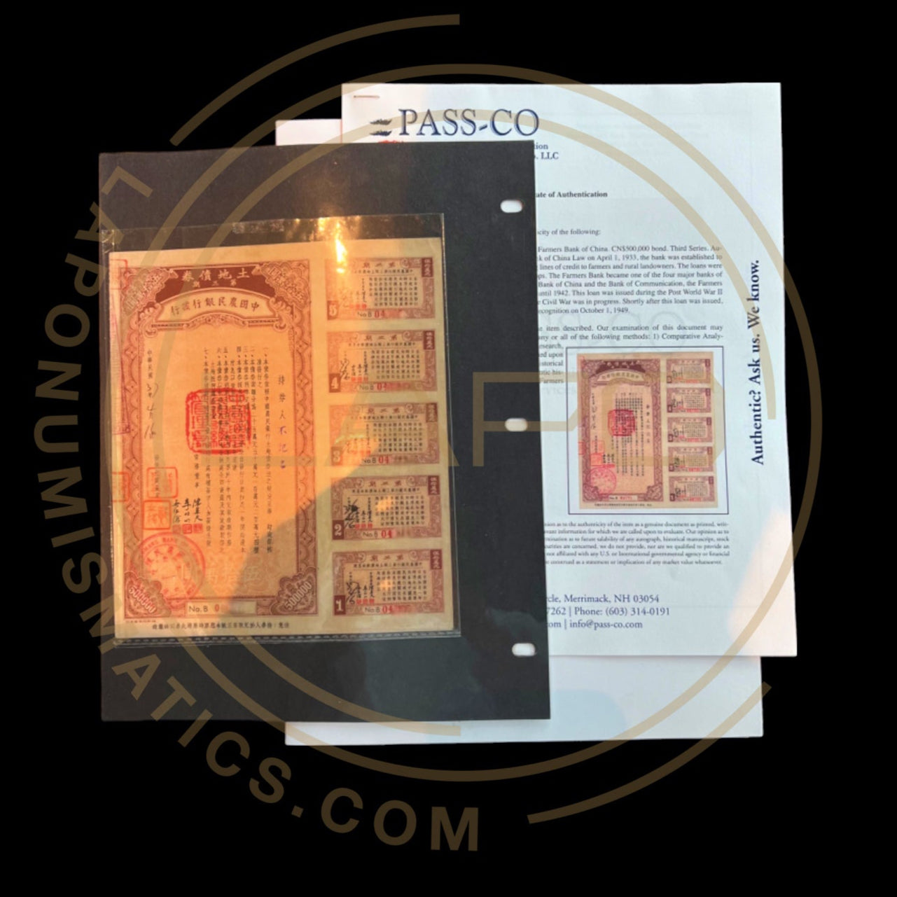 Farmer's Bond 500,000 Bank of China With PASSCO Certificate of Authentication