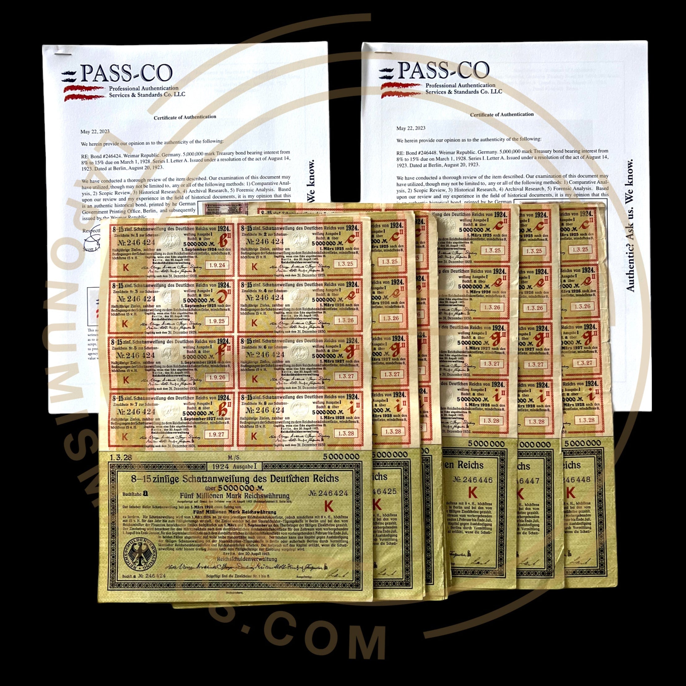 1924 Germany Treasury Bond – 8.15% (25 Consecutive Bonds) 5 Million Mark With Passco Certification