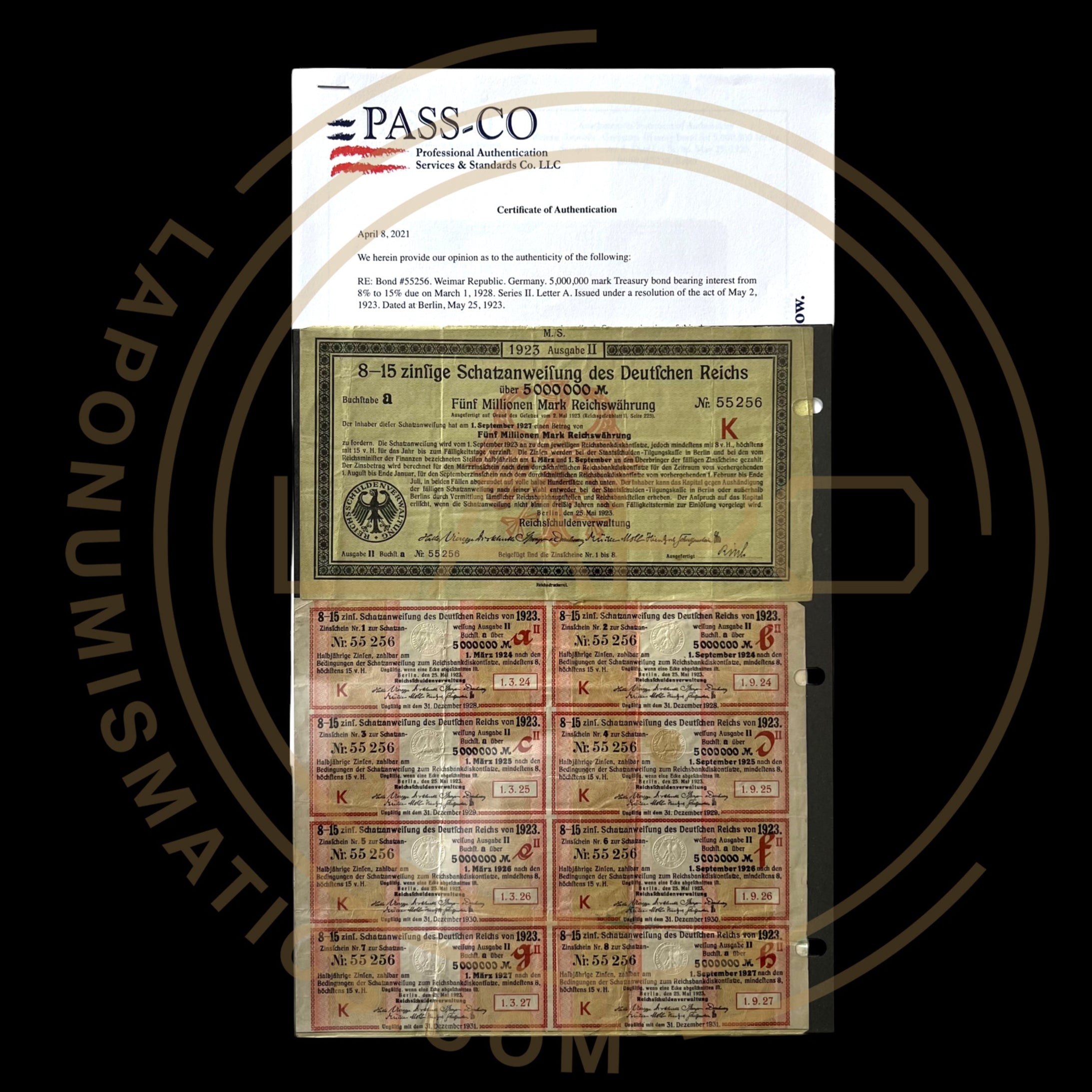 1923 Germany Treasury Bond – 8.15% – 5 Million Marks With Passco Certification