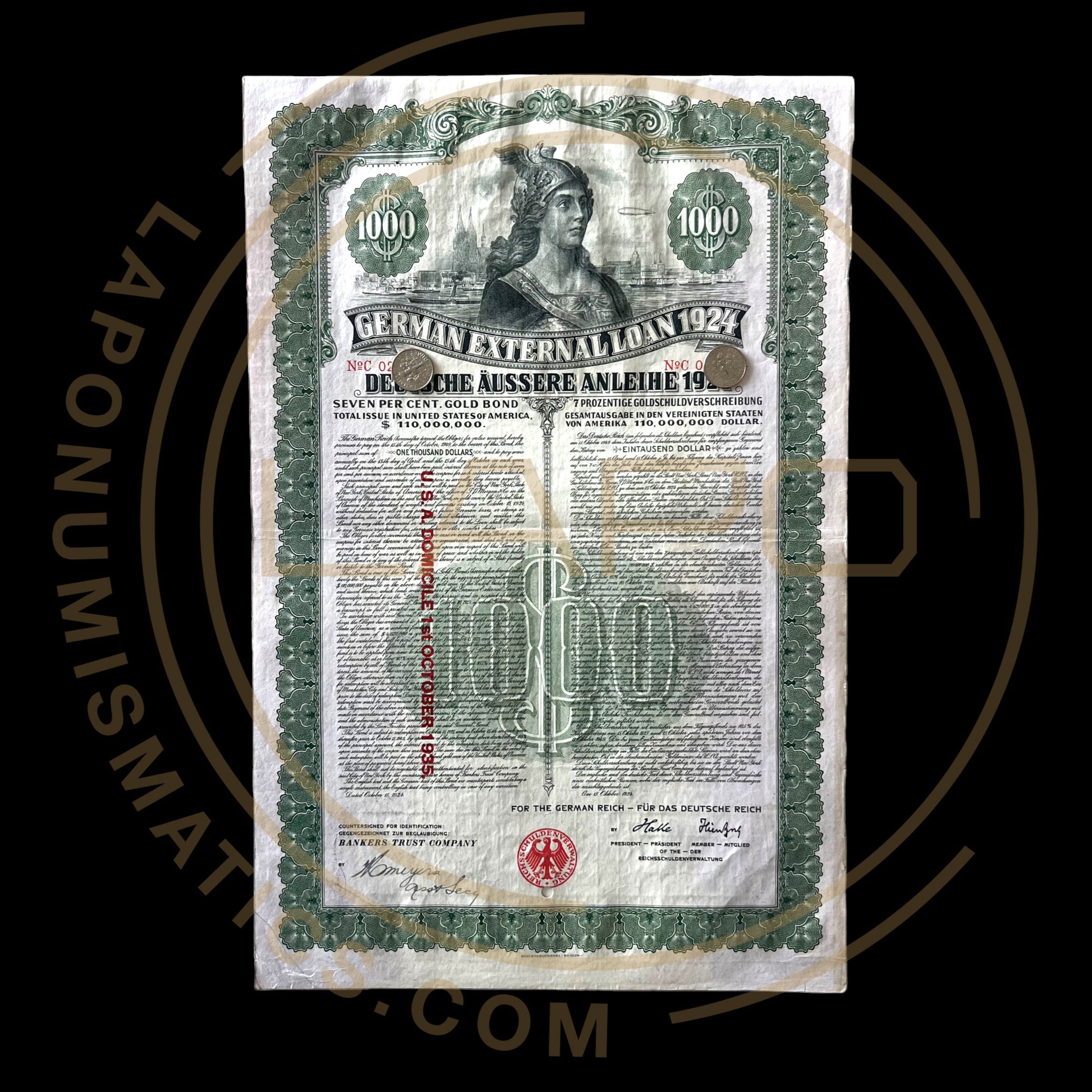 1924 German External Loan – 7% Gold Dawes Bond – $1,000 – With Scripotrust Certification