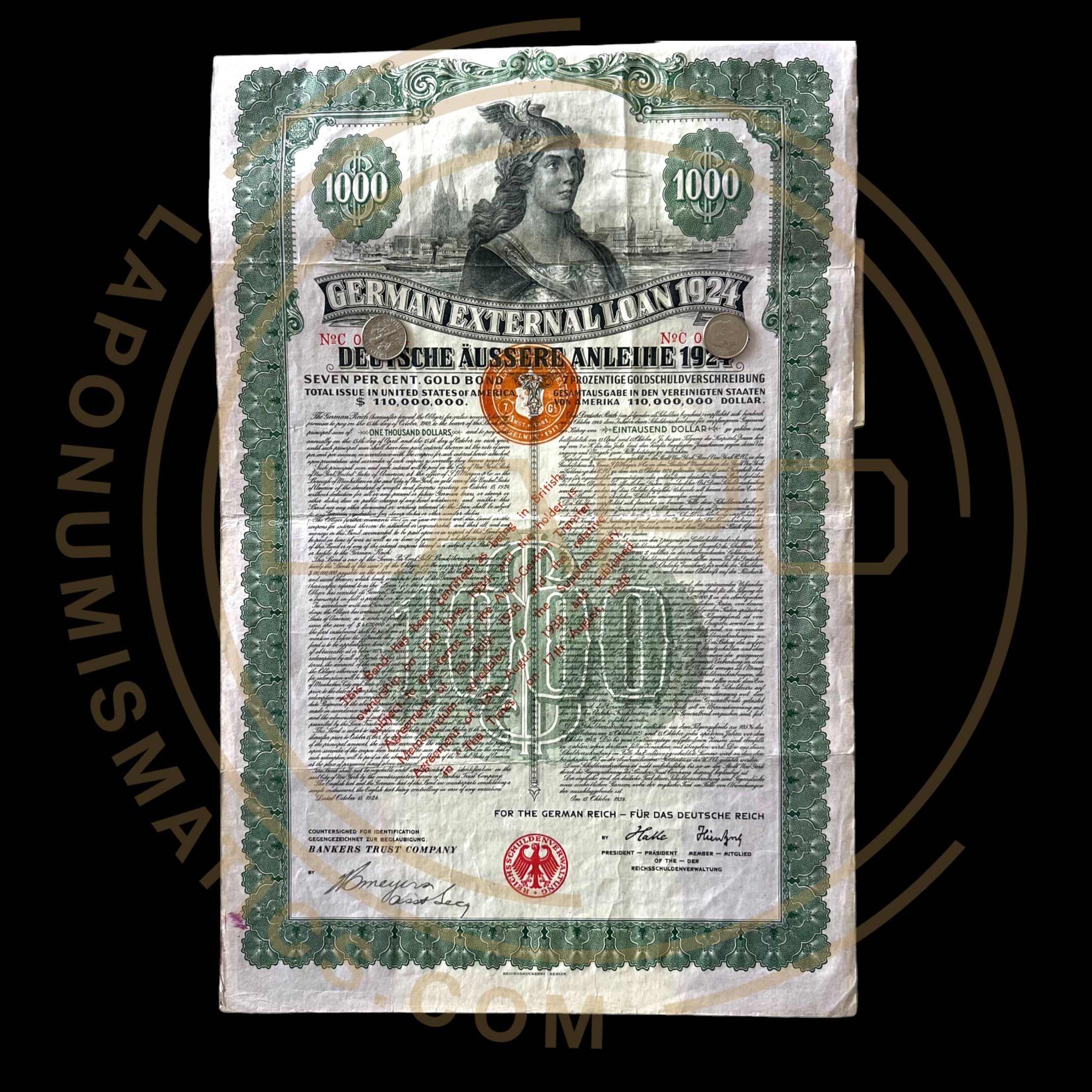 1924 German External Loan – 7% Gold Dawes Bond – $1,000 – With PASSCO Certificate of Authentication