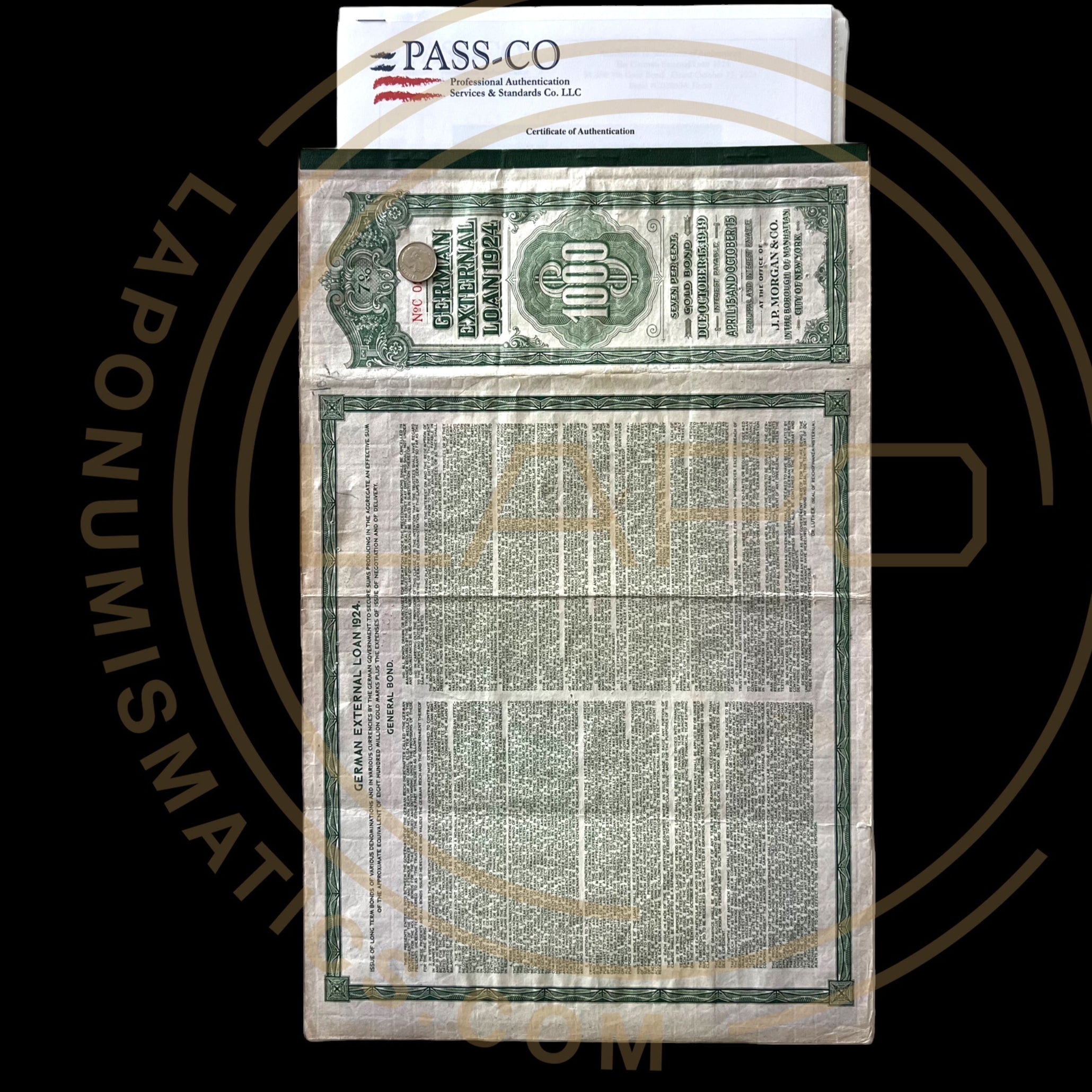 1924 German External Loan – 7% Gold Dawes Bond – $1,000 – With PASSCO Certificate of Authentication