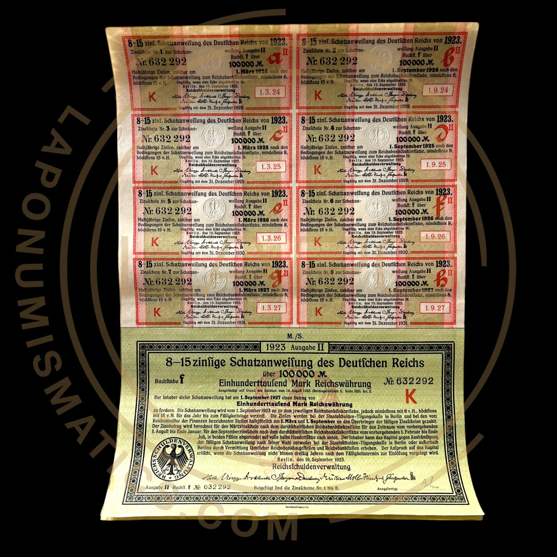 1923 Germany Treasury Bond – 8.15% – 100,000 Marks