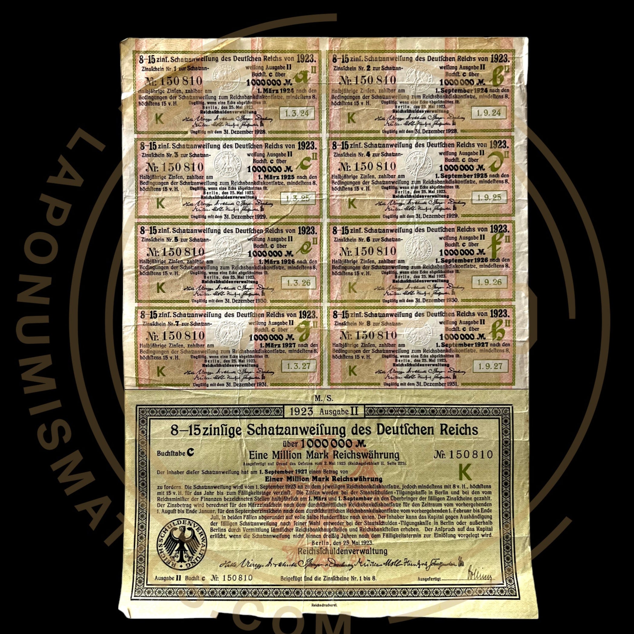 1923 Germany Treasury Bond – 8.15% – 1 Million Marks