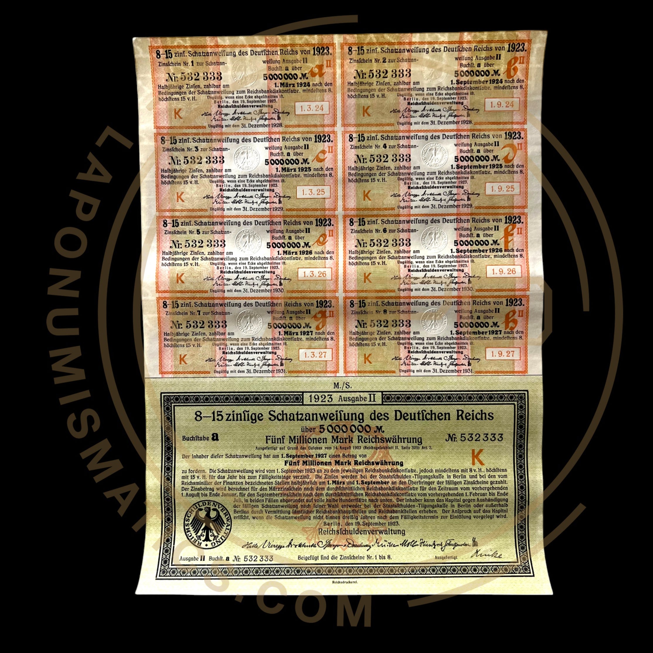 1923 Germany Treasury Bond – 8.15% – 5 Million Mark