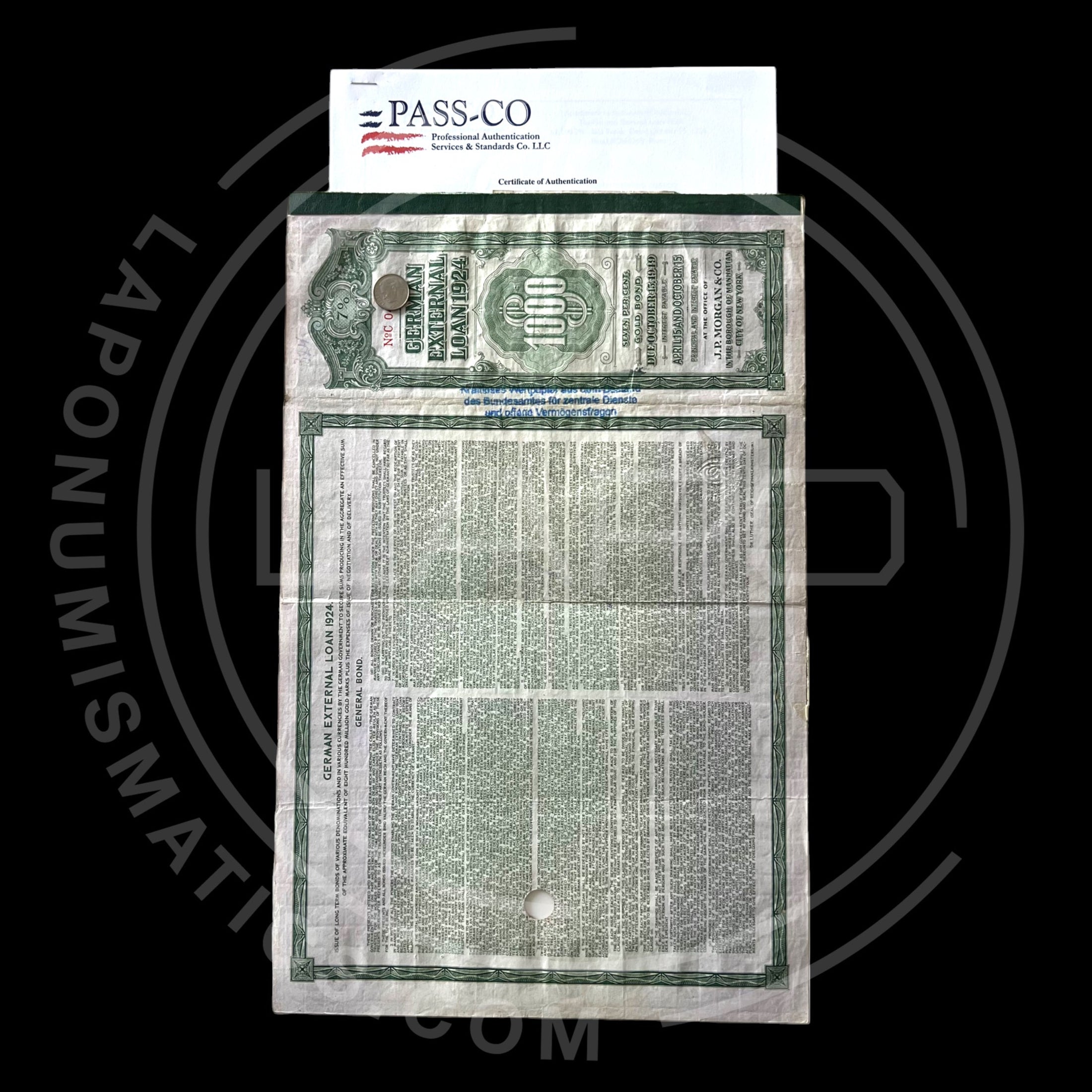 1924 German External Loan – 7% Gold Bond – $1,000 – With PASSCO Certificate of Authentication
