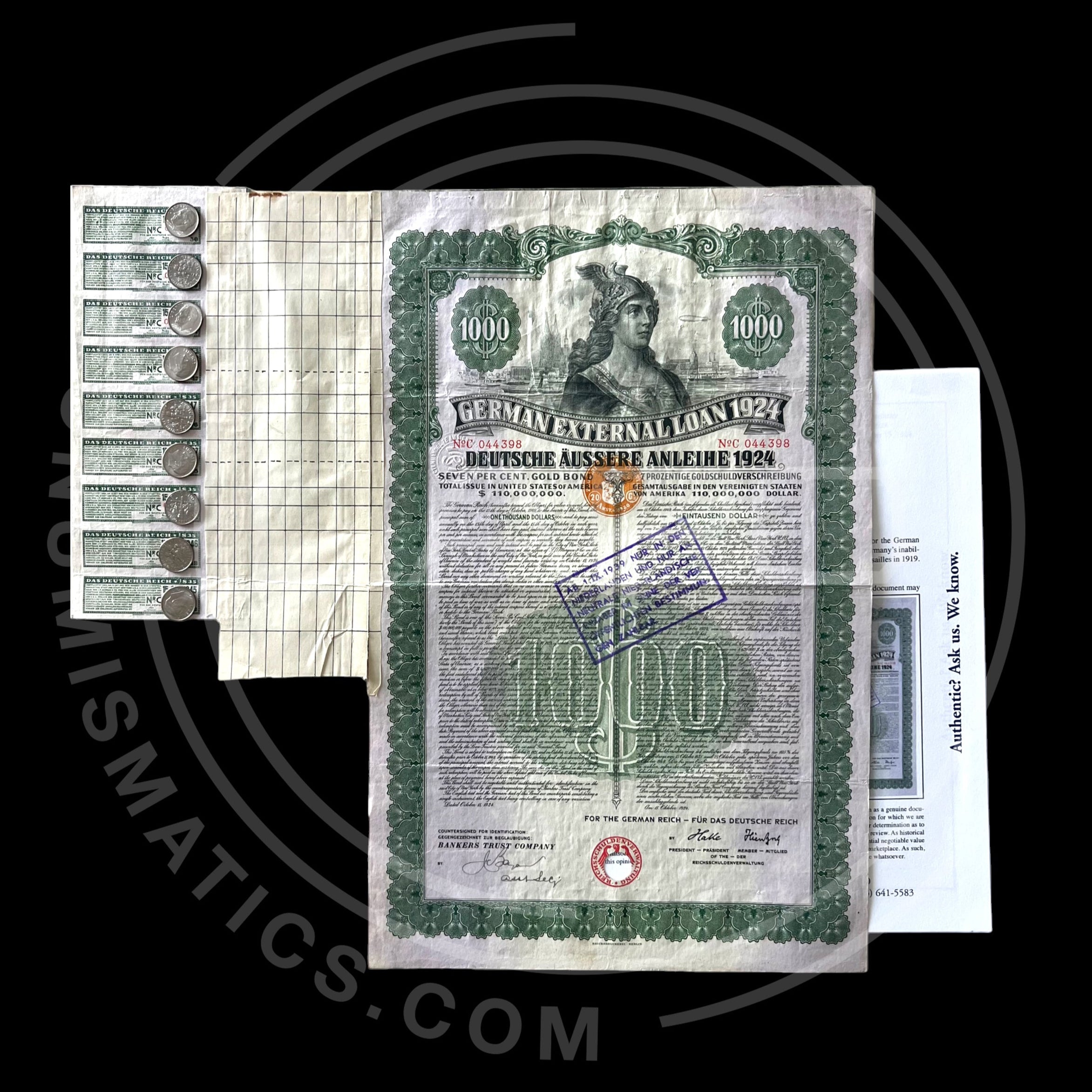 1924 German External Loan – 7% Gold Bond – $1,000 – With PASSCO Certificate of Authentication