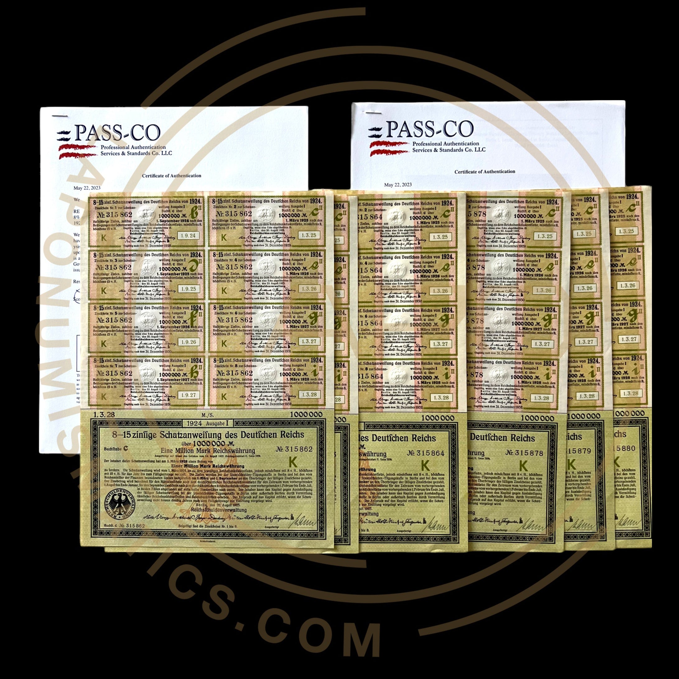 1924 Germany Treasury Bond – 8.15% (19 Consecutive Bonds) – 1 Million Mark