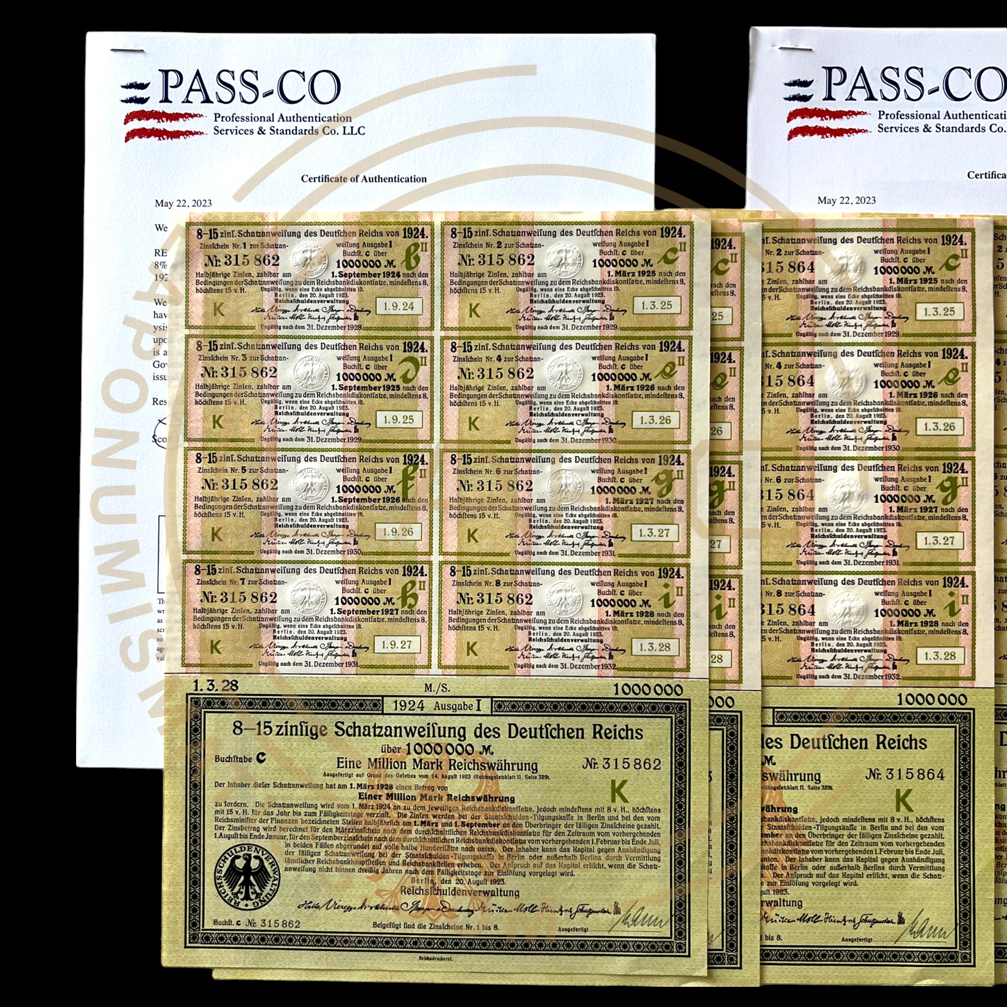 1924 Germany Treasury Bond – 8.15% (19 Consecutive Bonds) – 1 Million Mark