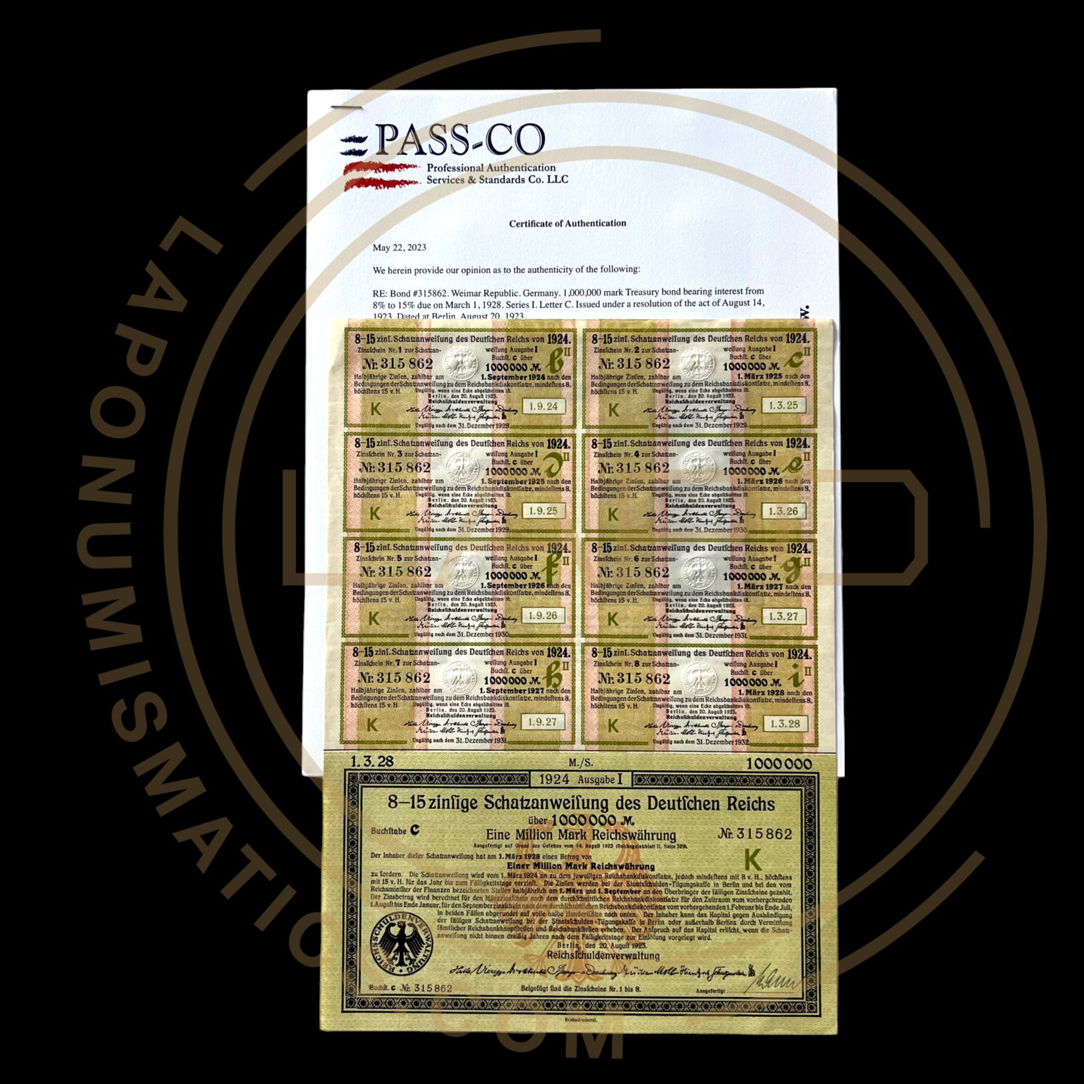1924 Germany Treasury Bond – 8.15% (19 Consecutive Bonds) – 1 Million Mark