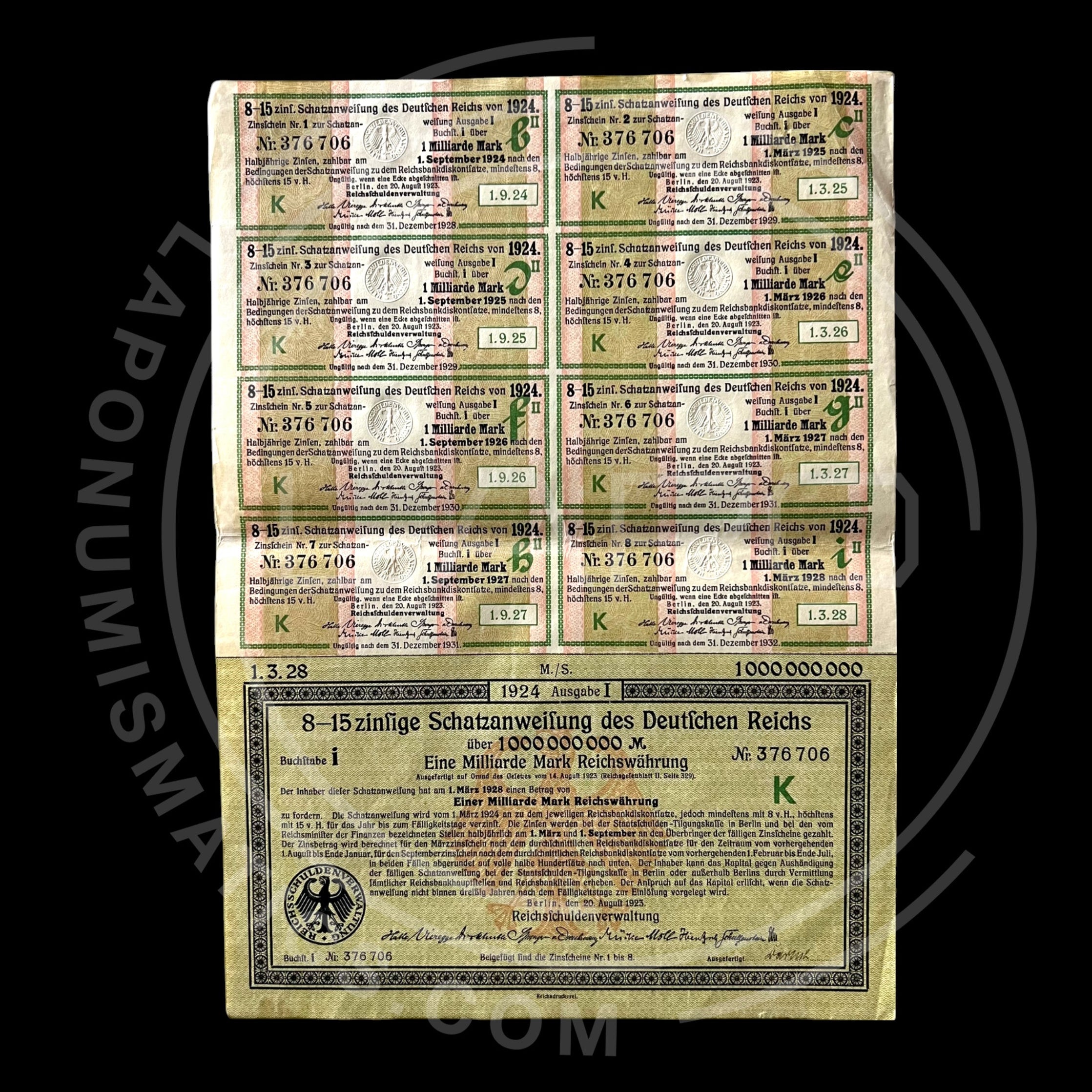 1924 Schatzanweifung des Deutfchen Reichs Bond – 8.15% – 1 Billion Marks With PASSCO Certification