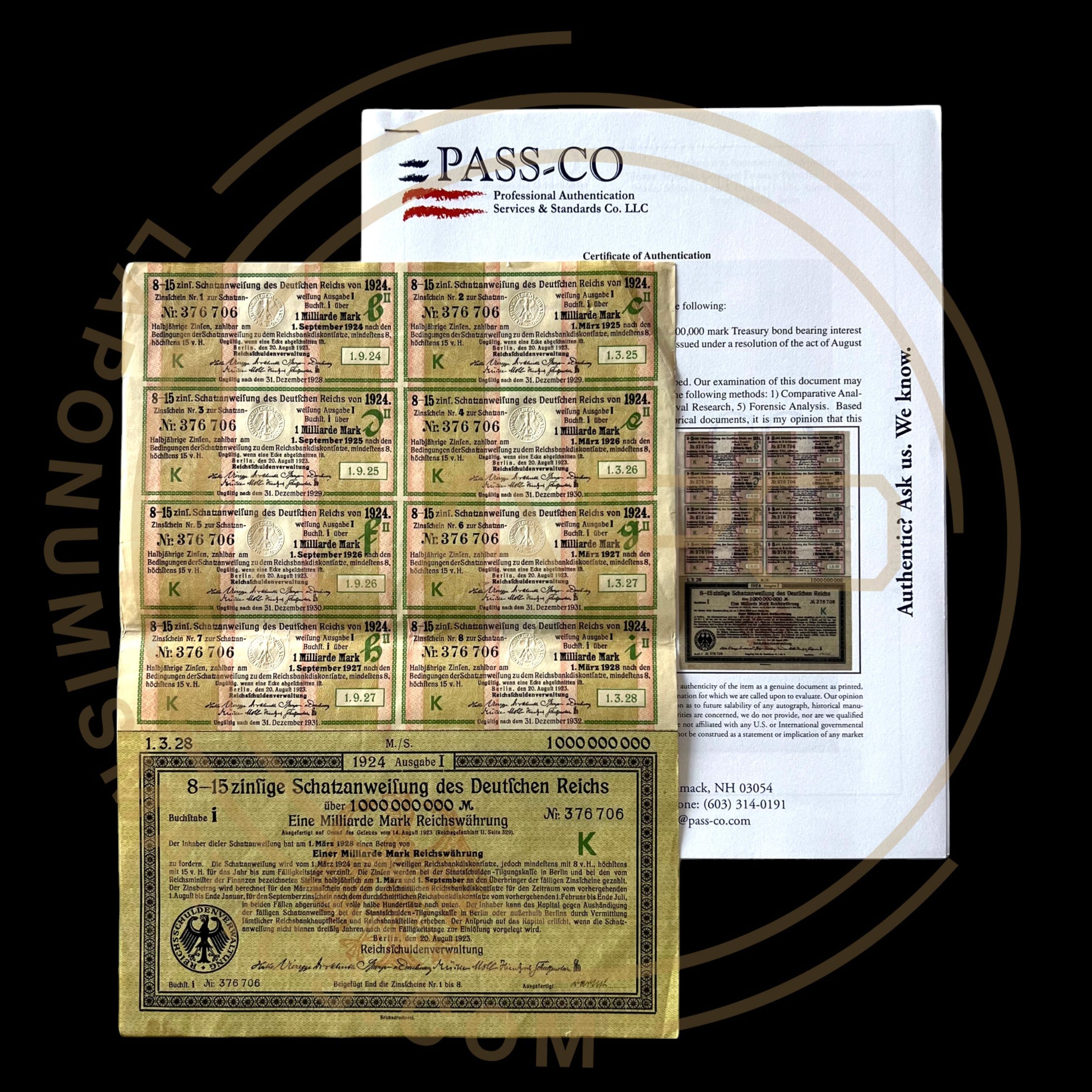 1924 Schatzanweifung des Deutfchen Reichs Bond – 8.15% – 1 Billion Marks With PASSCO Certification