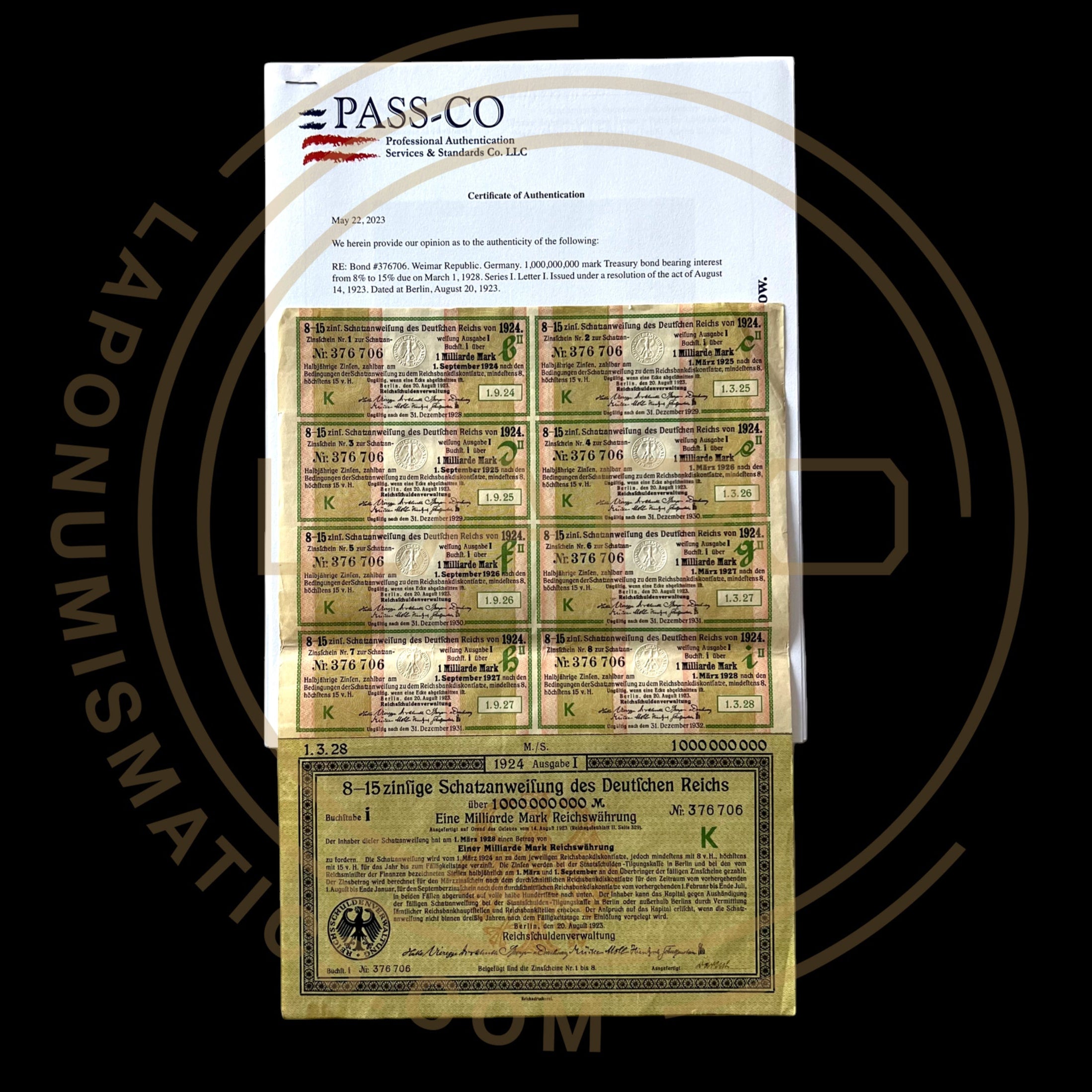 1924 Schatzanweifung des Deutfchen Reichs Bond – 8.15% – 1 Billion Marks With PASSCO Certification