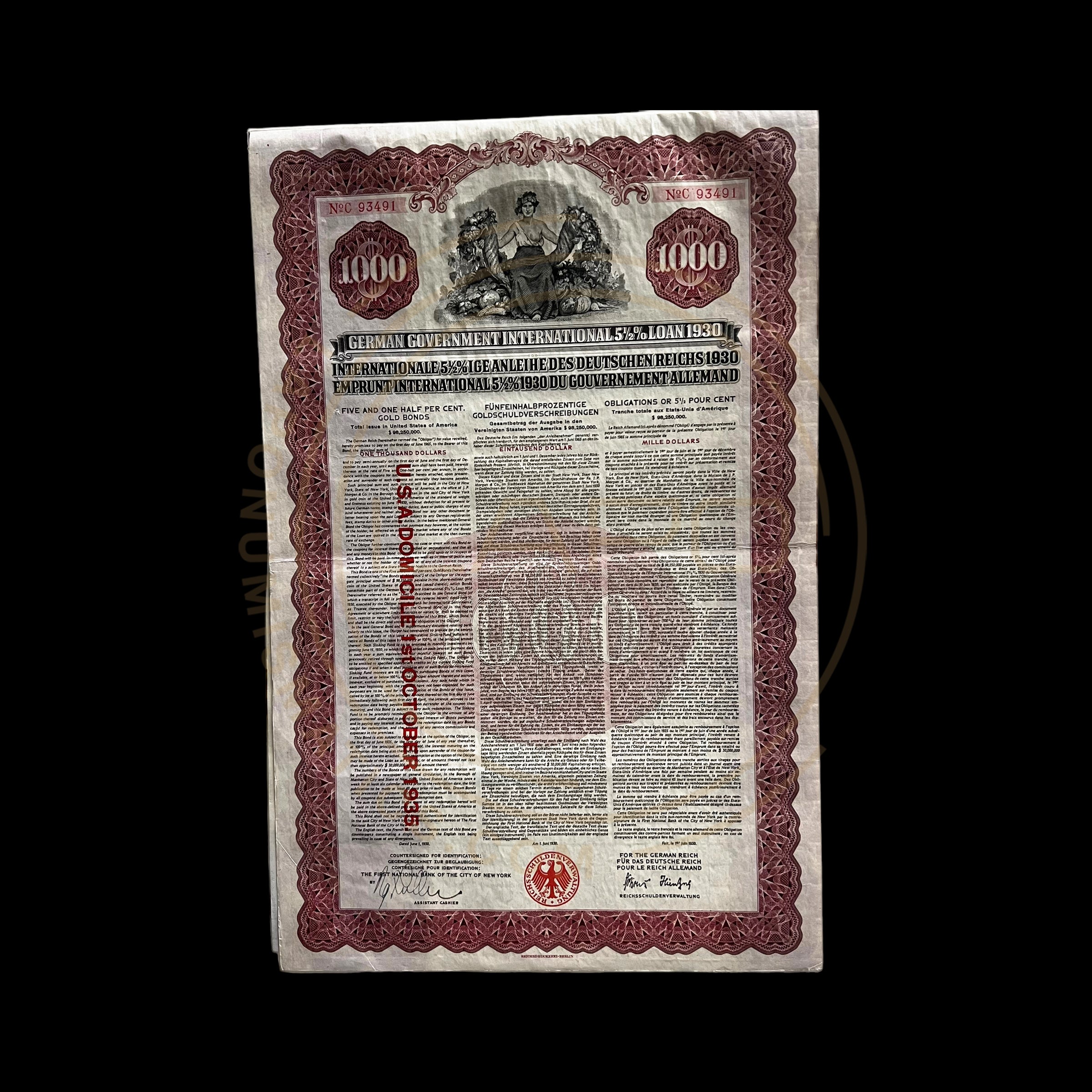 1930 German Government International – 5 ½% Loan – $1,000 Gold - With PASSCO Certificate of Authentication
