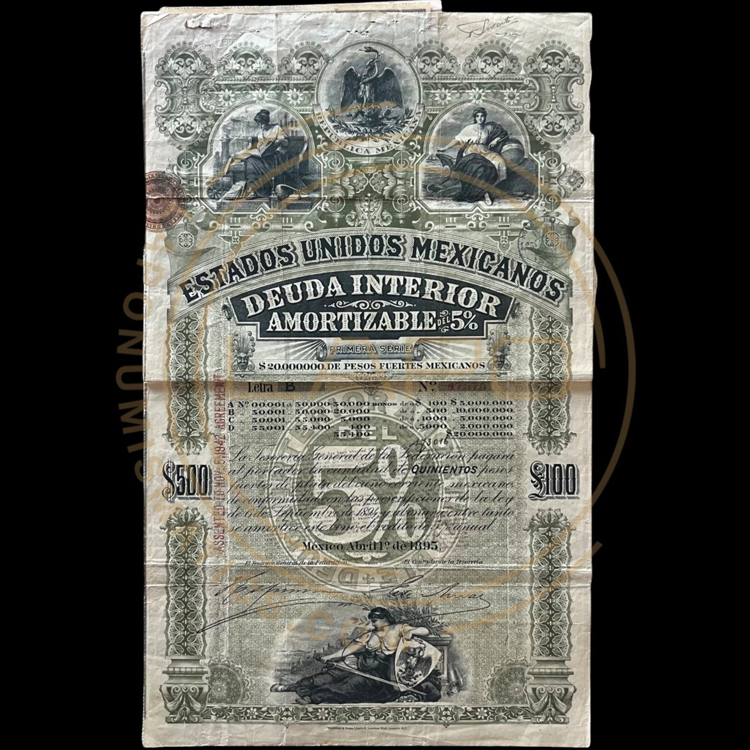 EEUU Mexicanos "Green Lady or Green Diamond"  £100 British Pounds/500 Pesos Bond With PASSCO Certificate of Authentication
