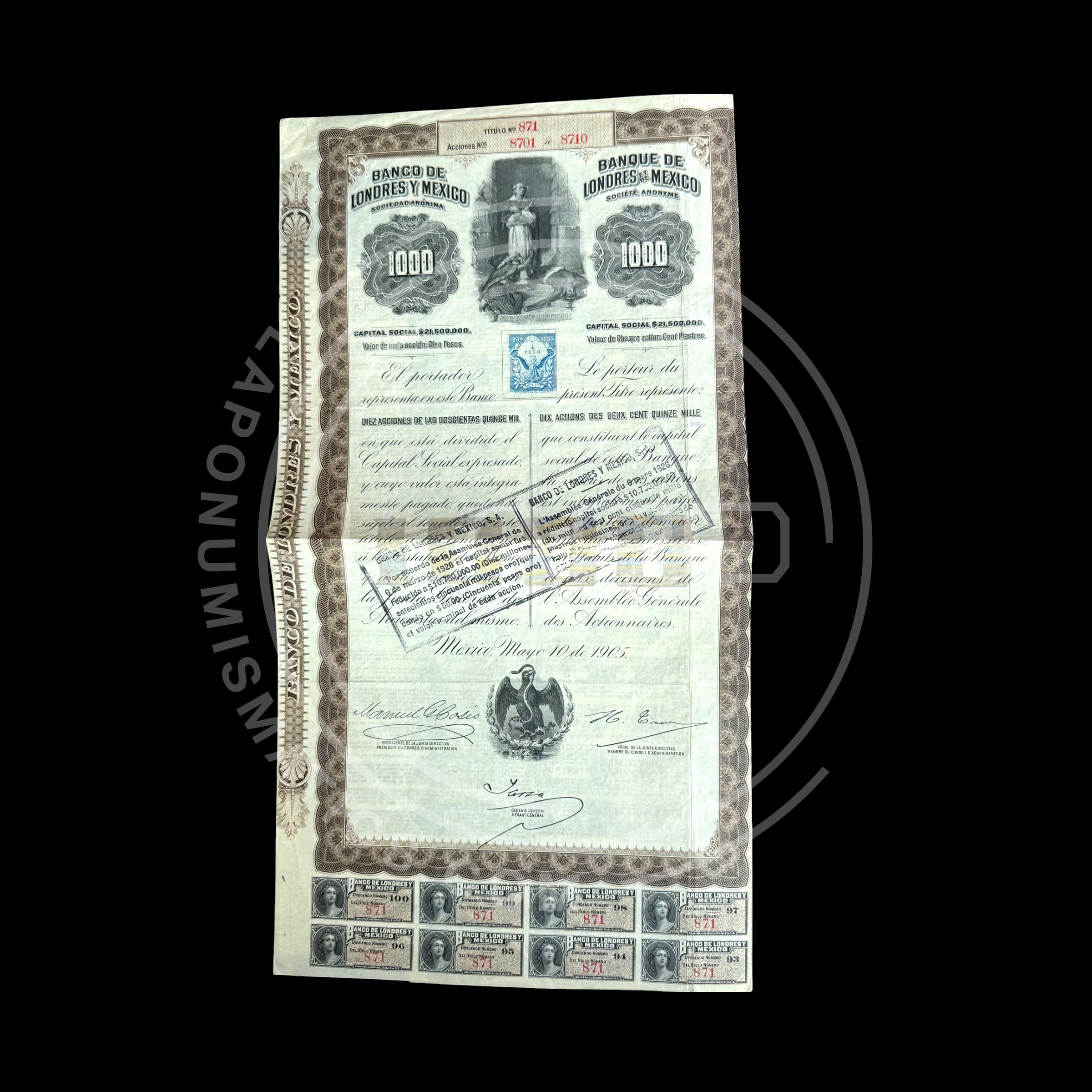 Queen Victoria $1,000 (Pesos) Banco De Londres Y Mexico With PASSCO Certificate of authentication