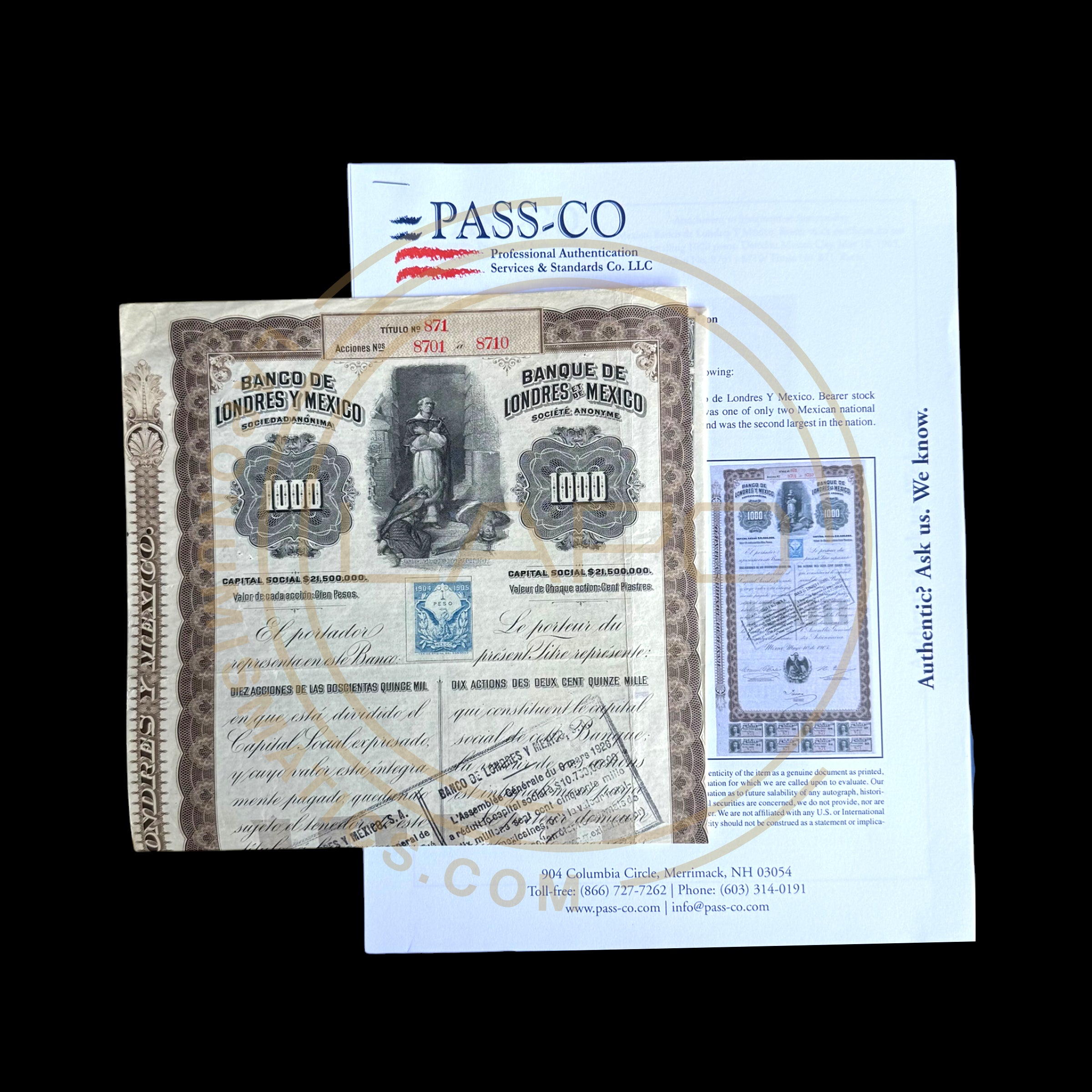 Queen Victoria $1,000 (Pesos) Banco De Londres Y Mexico With PASSCO Certificate of authentication