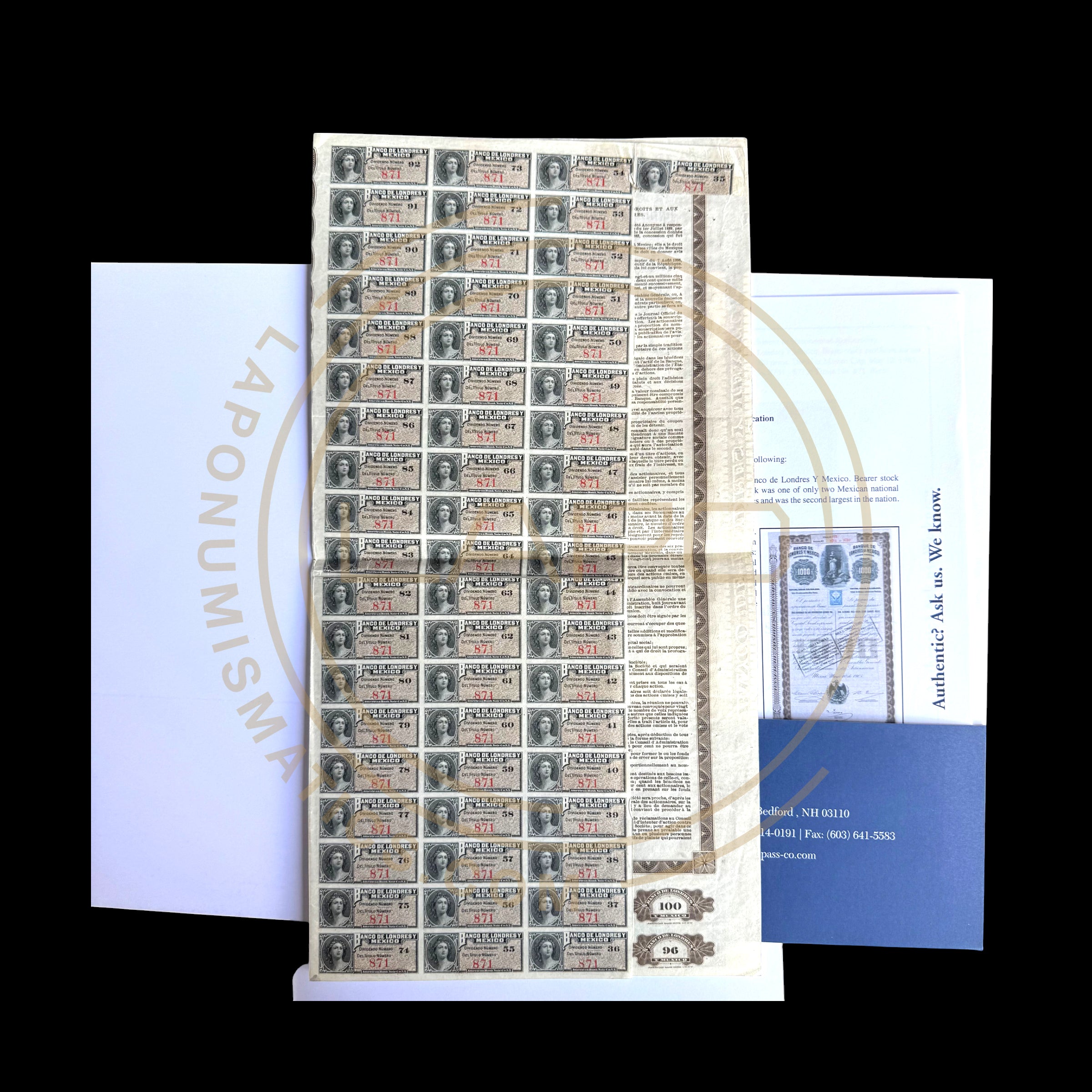 Queen Victoria $1,000 (Pesos) Banco De Londres Y Mexico With PASSCO Certificate of authentication