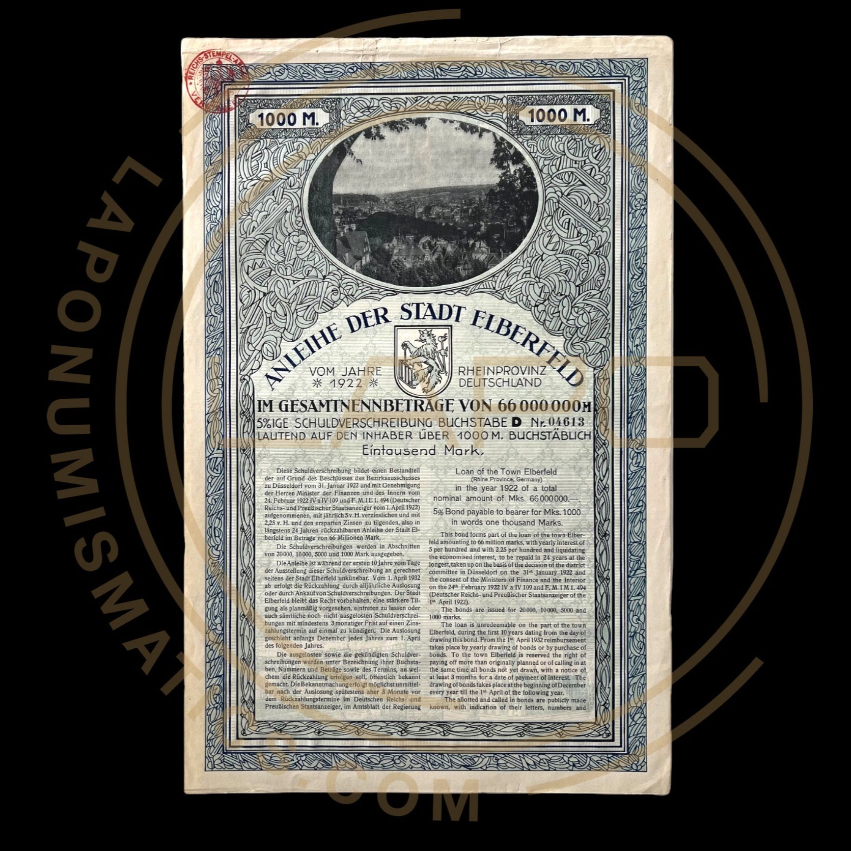 1922 Anleihe der Stadt Elberfeld 1000 Marks Bond With Scripotrust/PASSCO Certificate of Authentication
