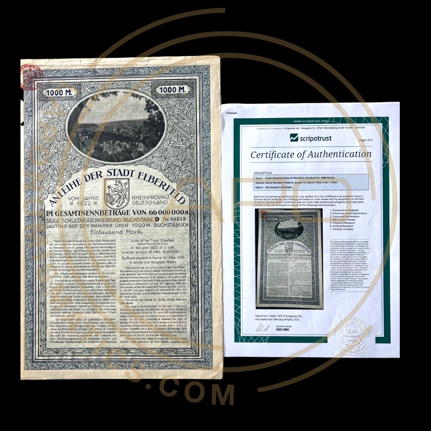1922 Anleihe der Stadt Elberfeld 1000 Marks Bond With Scripotrust/PASSCO Certificate of Authentication