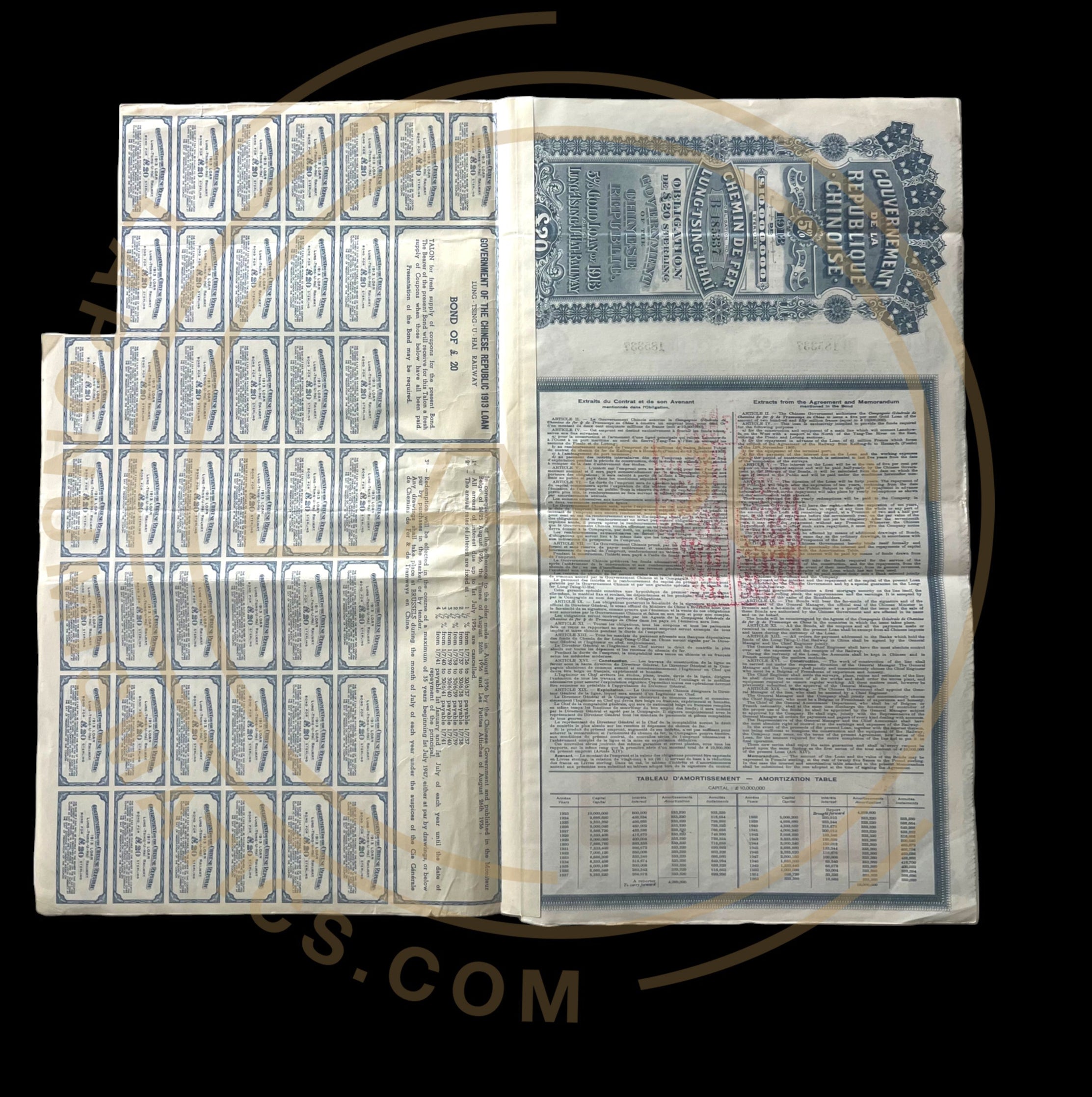"Super Petchili" 1913 Government Chinese Republic – 5% Lung-Tsing-U-Haï Railway Gold Loan – £20 With PASSCO Certificate of Authentication