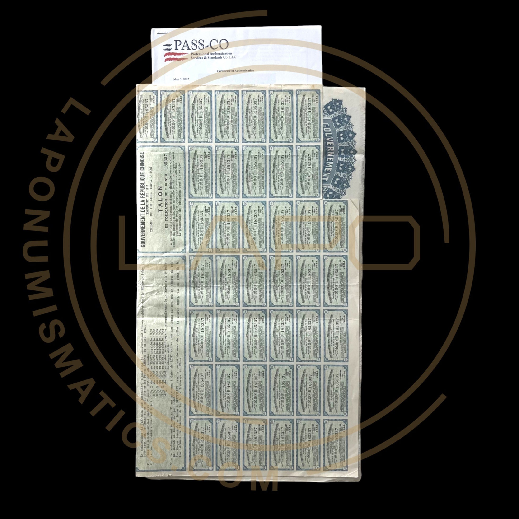 "Super Petchili" 1913 Government Chinese Republic – 5% Lung-Tsing-U-Haï Railway Gold Loan – £20 With PASSCO Certificate of Authentication