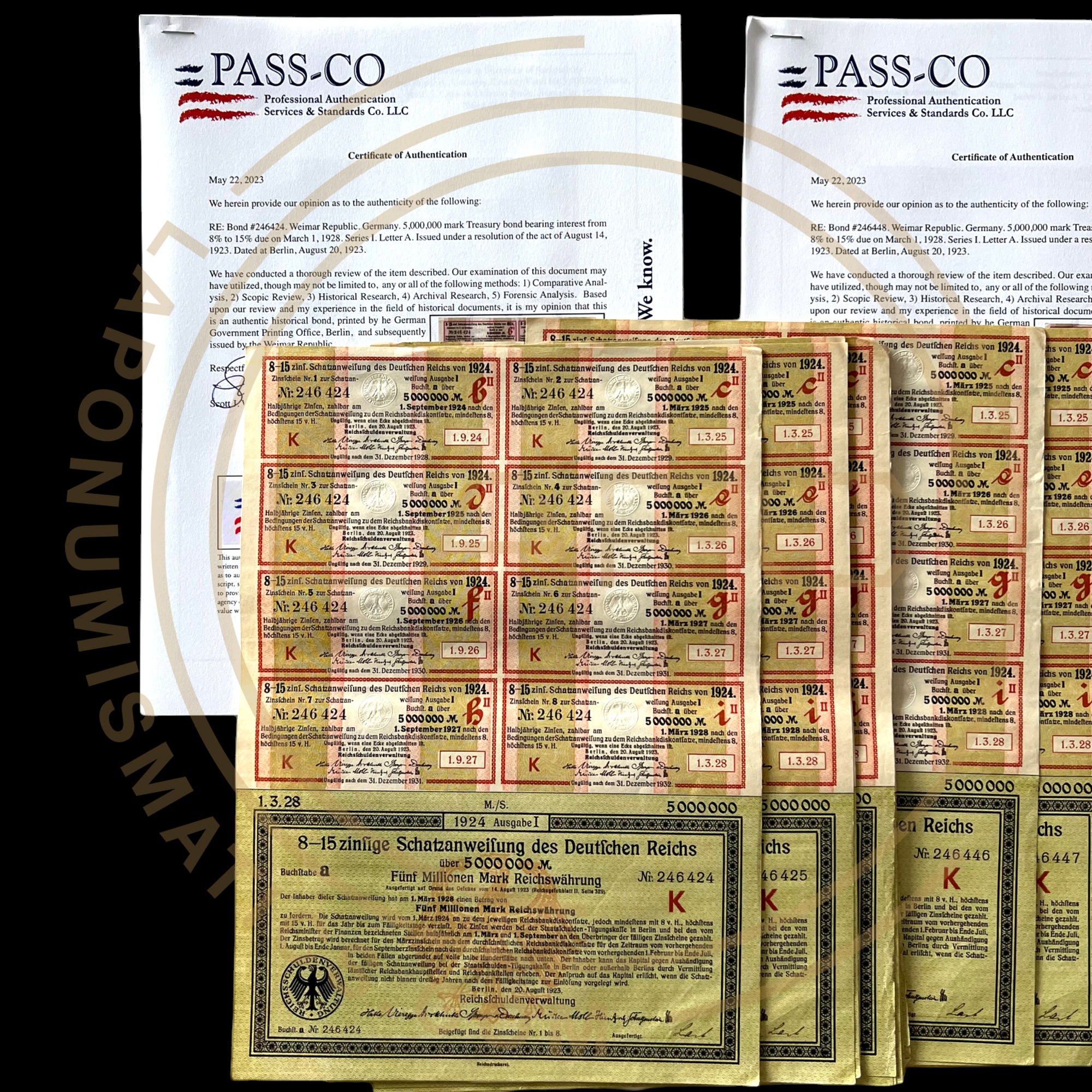 1924 Germany Treasury Bond – 8.15% (25 Consecutive Bonds) 5 Million Mark With Passco Certification
