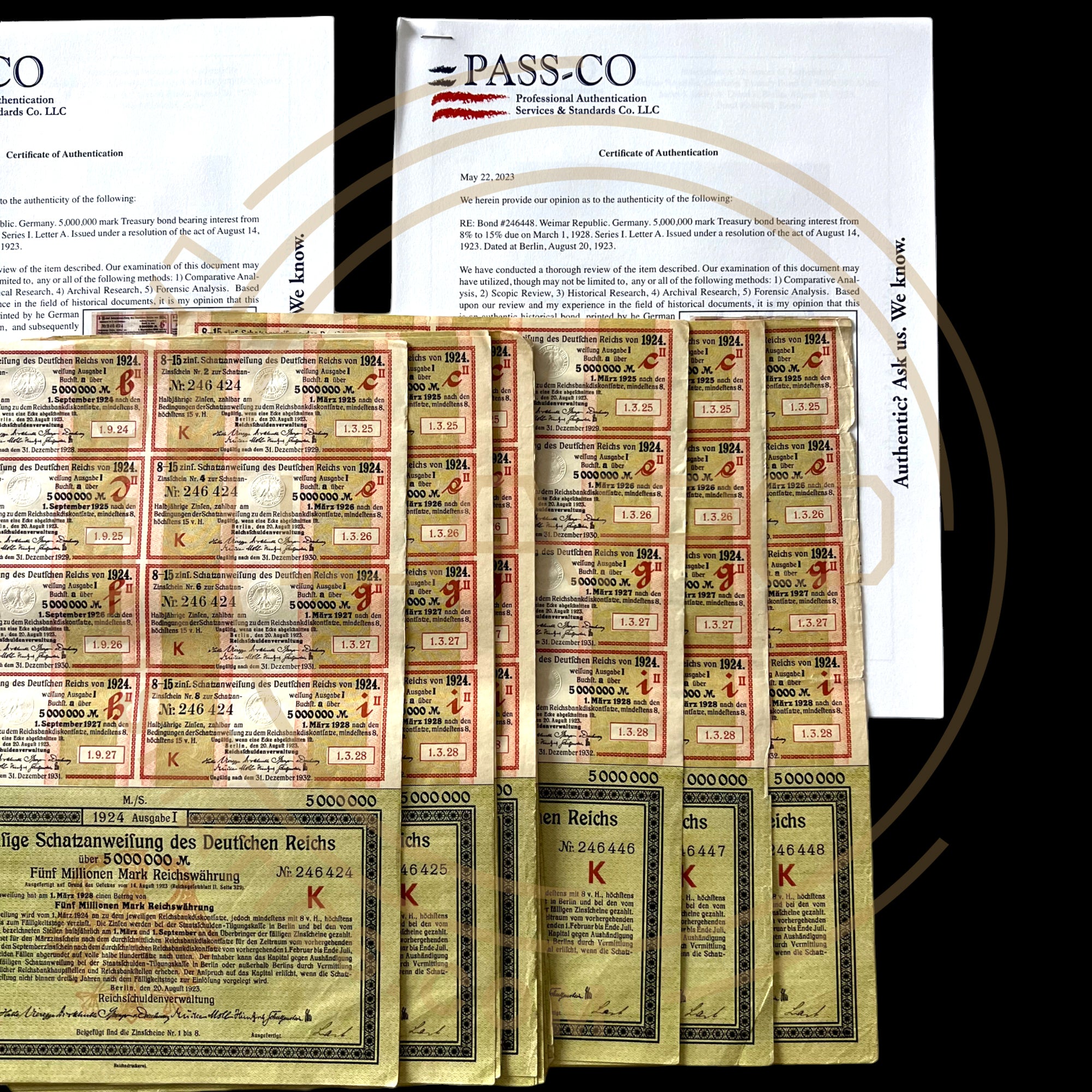 1924 Germany Treasury Bond – 8.15% (25 Consecutive Bonds) 5 Million Mark With Passco Certification