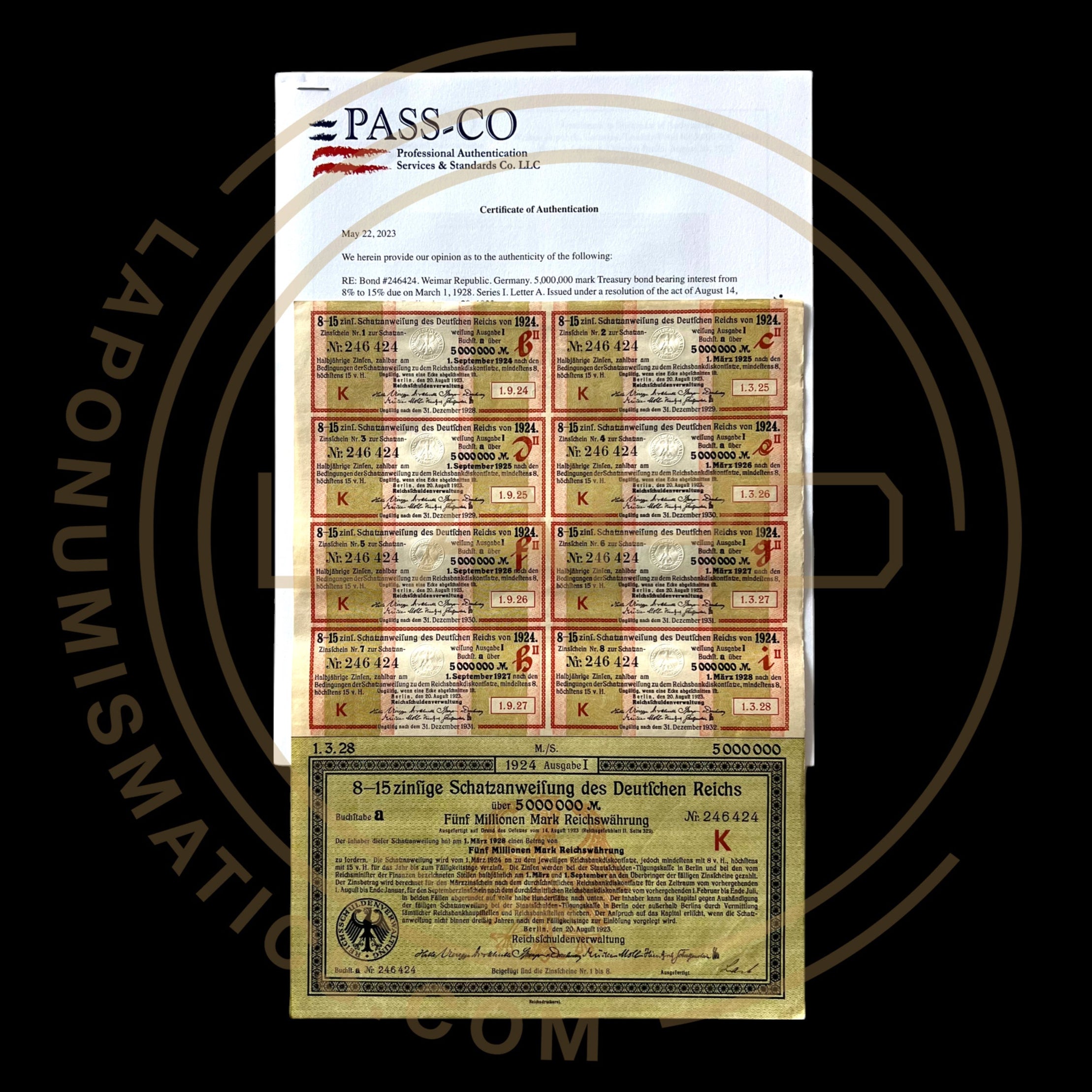 1924 Germany Treasury Bond – 8.15% (25 Consecutive Bonds) 5 Million Mark With Passco Certification