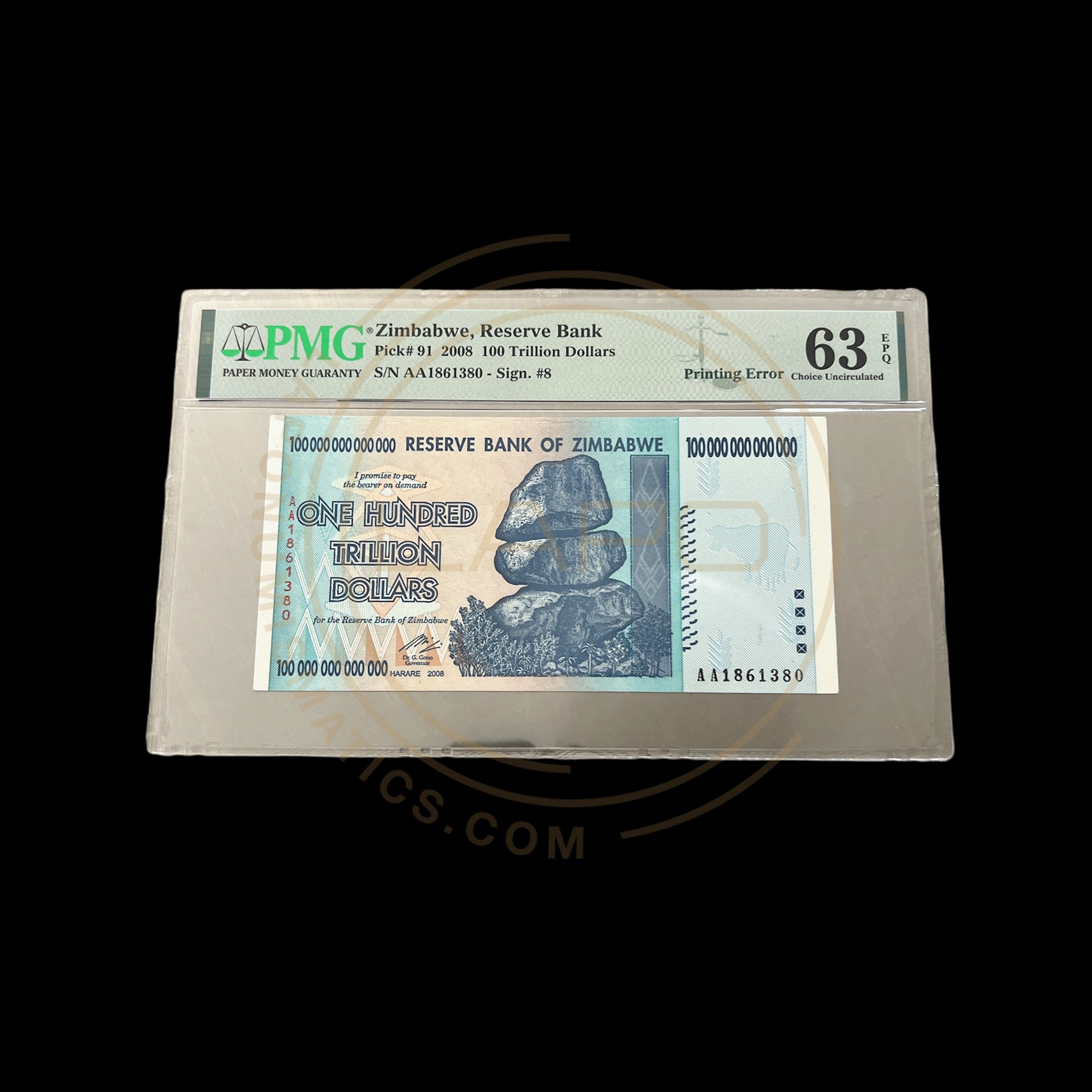 Zimbabwe-100 Trillion Dollar Pmg 63 Printing Error No Logo Bird