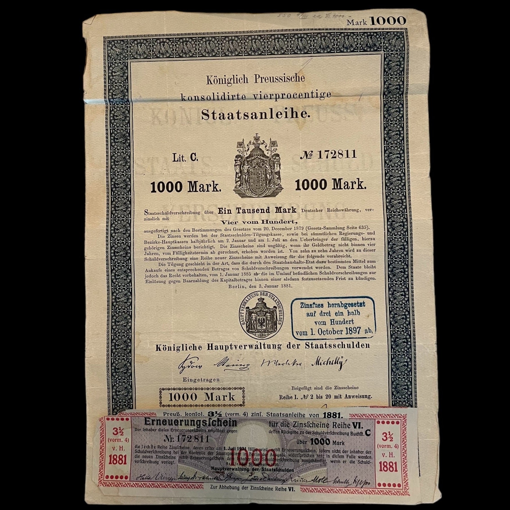 1882 Koniglich Preussische Konsolidirte Vierprocentige Staatsanleihe 1000 Mark