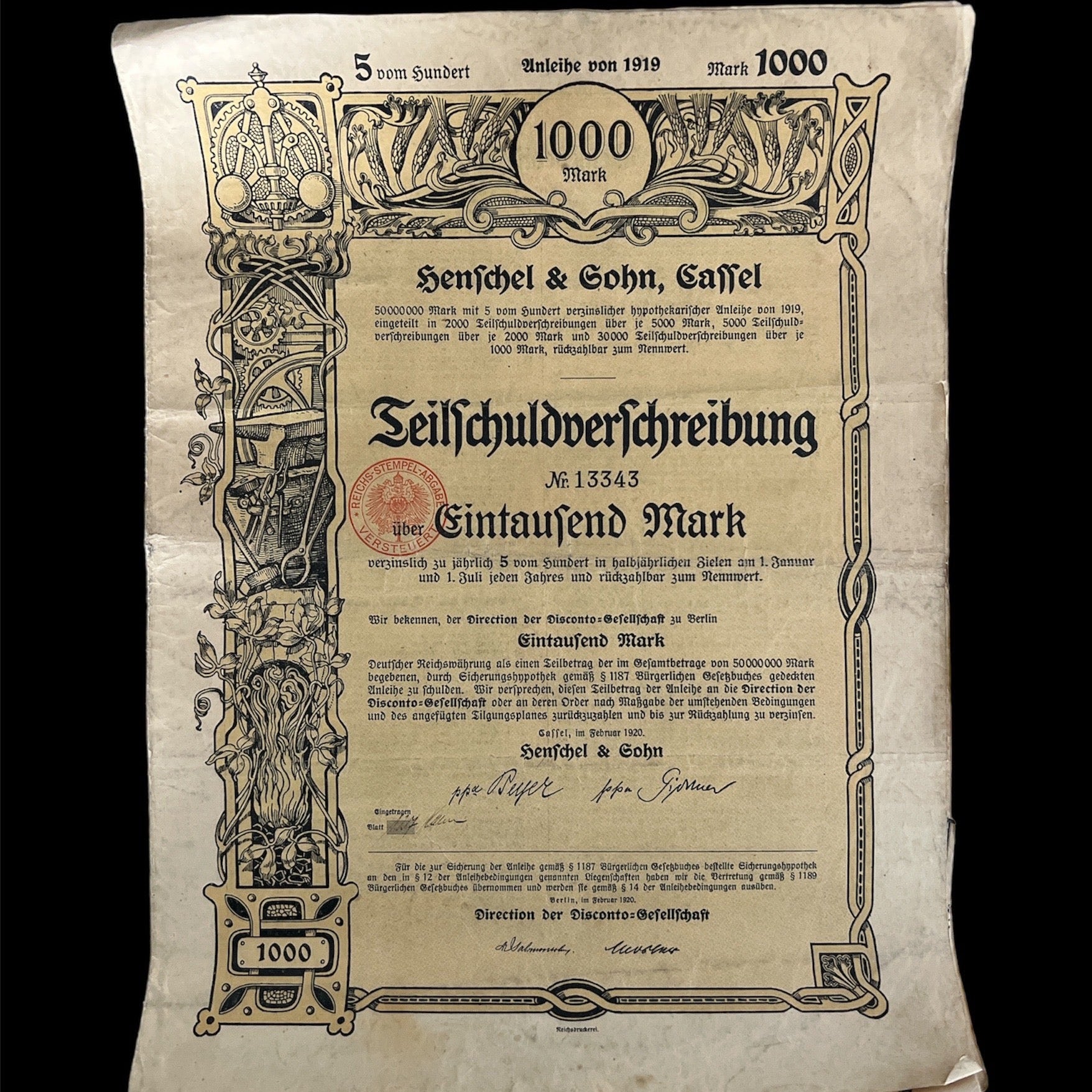 1919 Henschel and Gohn, Gassel - 1,000 German Mark Bond