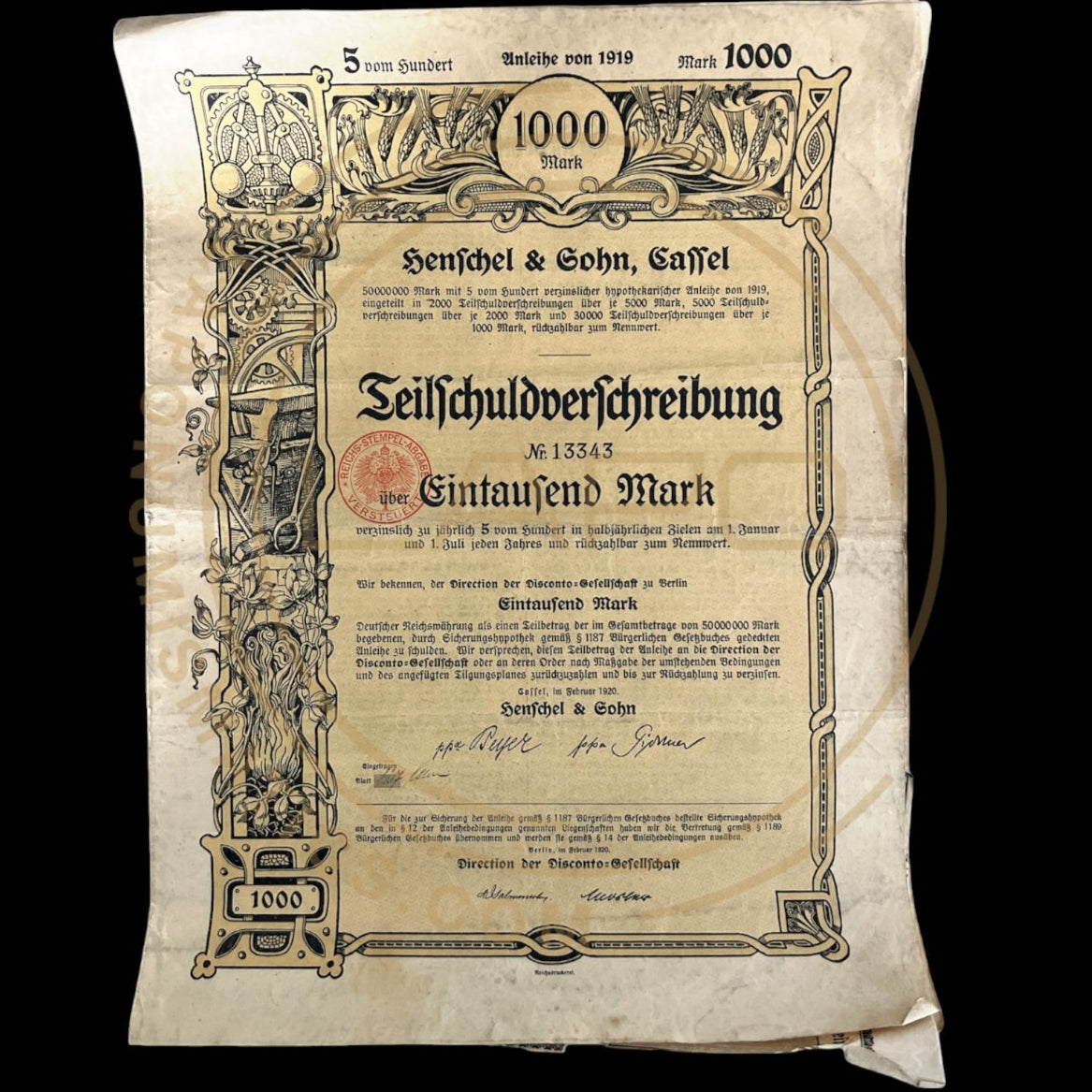 1919 Henschel and Gohn, Gassel - 1,000 German Mark Bond