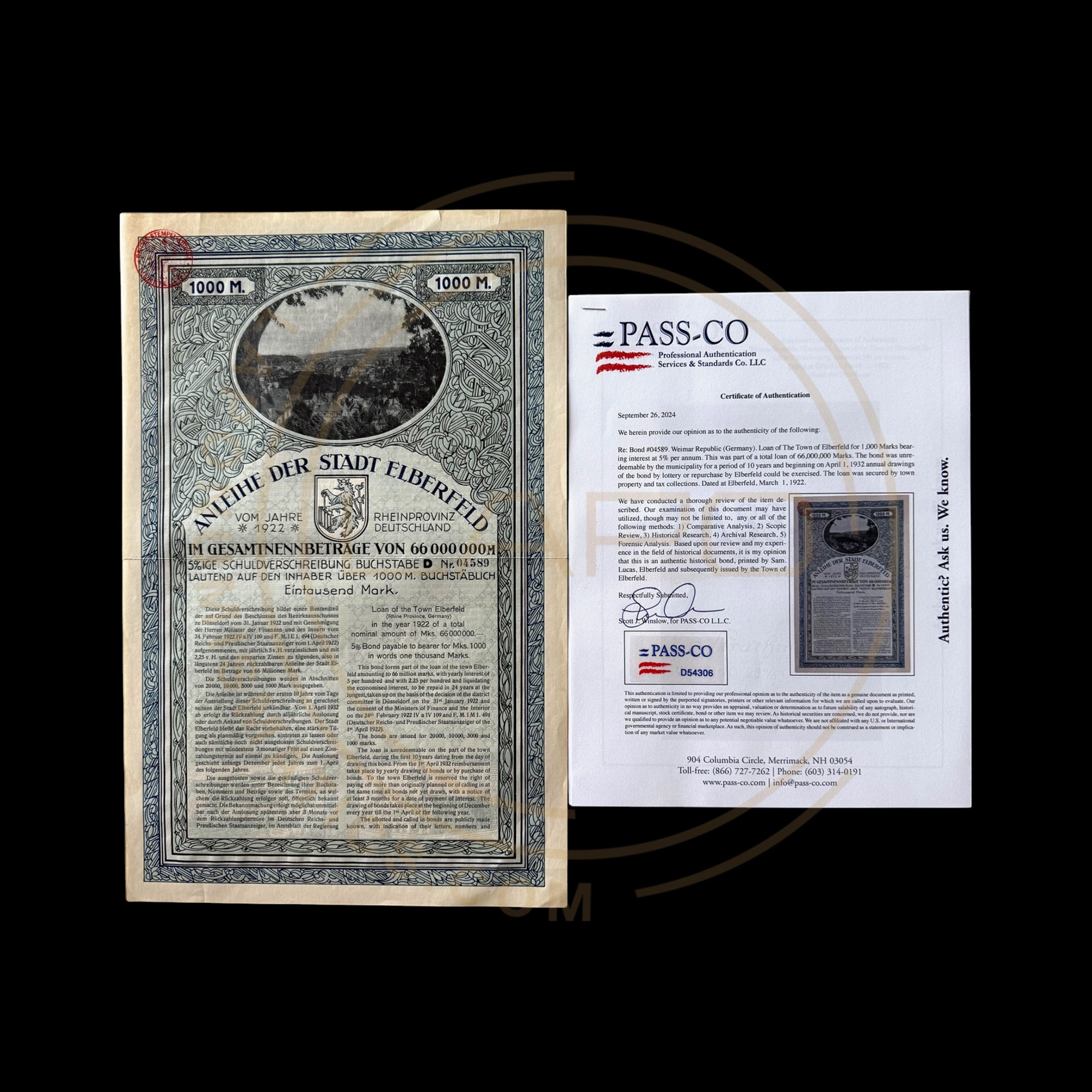 1922 Anleihe der Stadt Elberfeld 1000 Marks Bond With Scripotrust/PASSCO Certificate of Authentication