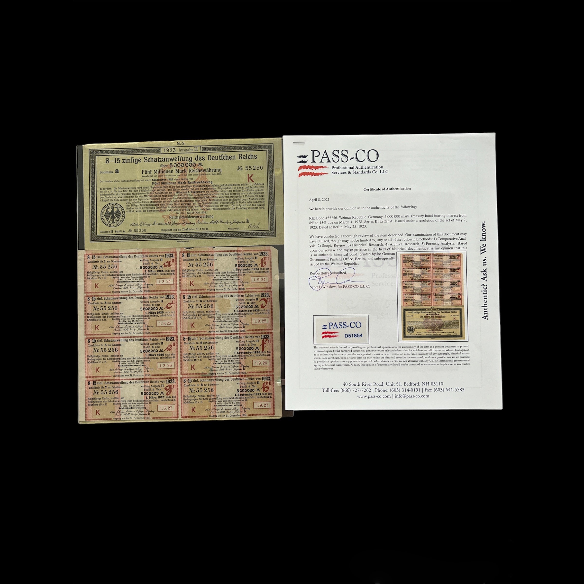 1923 Germany Treasury Bond – 8.15% – 5 Million Marks With Passco Certification