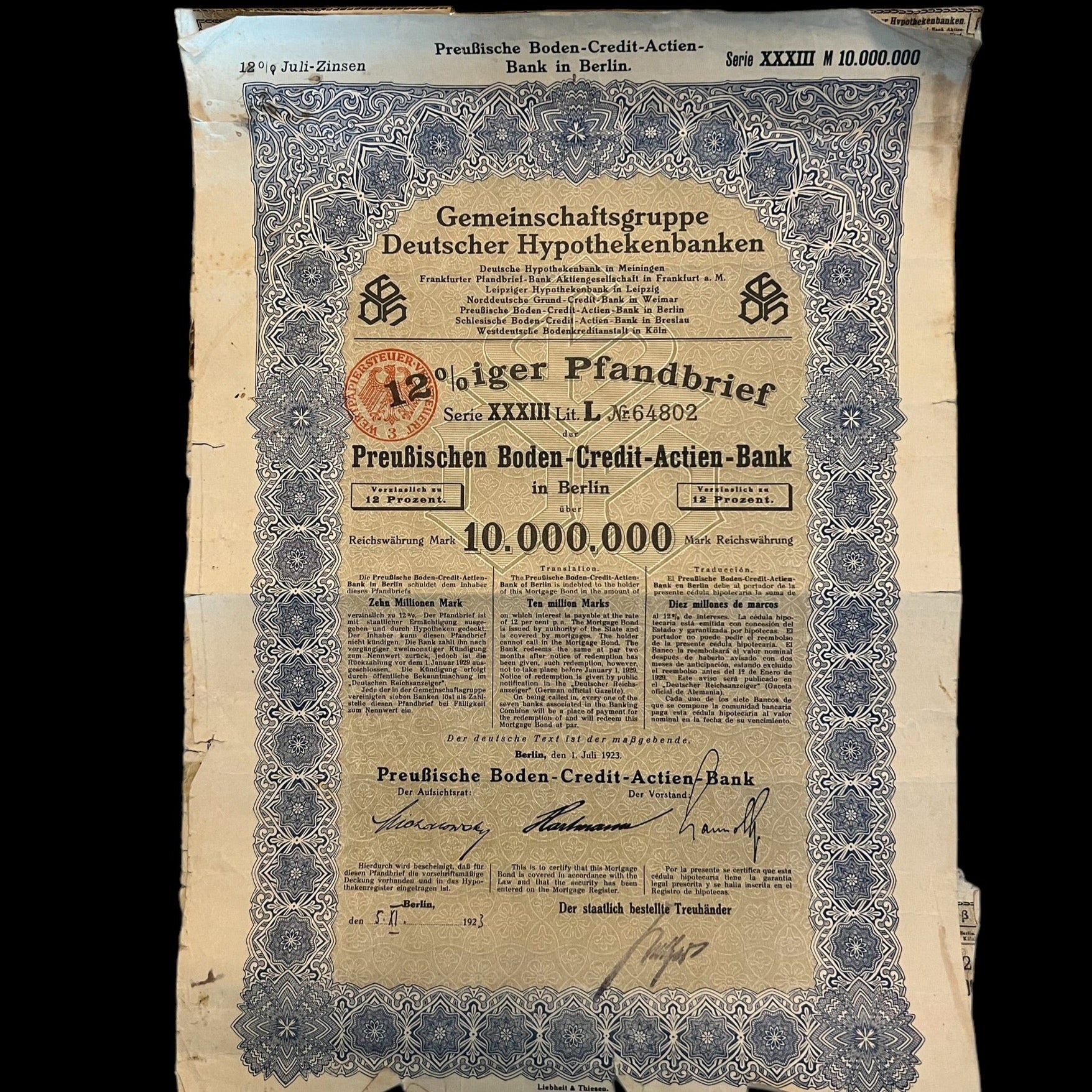 1923 Grupo conjunto de bancos hipotecarios alemanes 12% – 10.000.000 de marcos