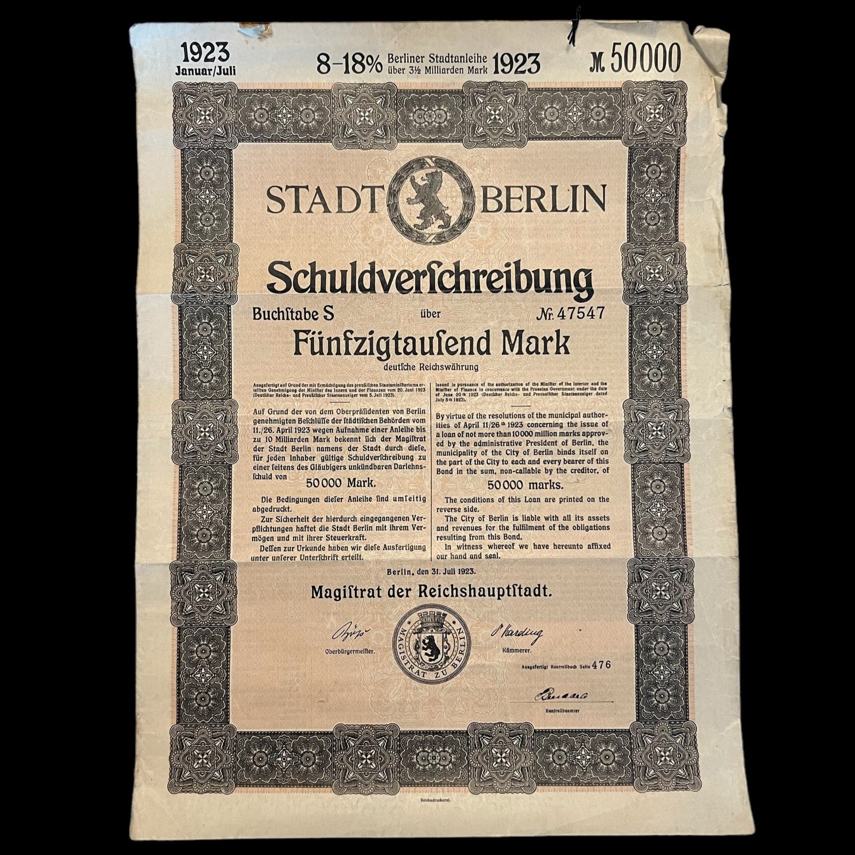 1923 German Government City of Berlin 8-18% Bond 50000 Mark