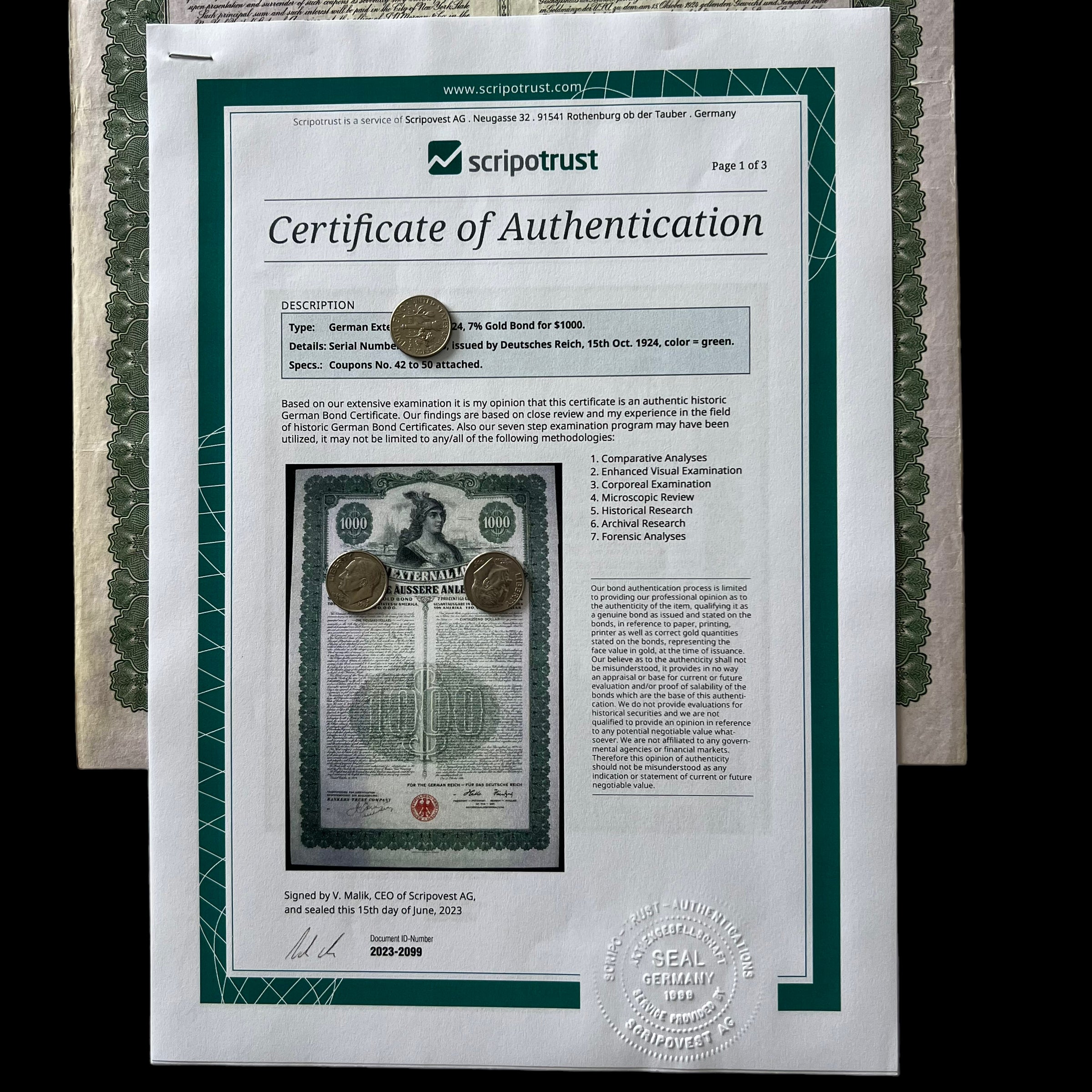 Préstamo externo alemán de 1924 – Bono de oro del 7% – $1000 – Con certificado de autenticación