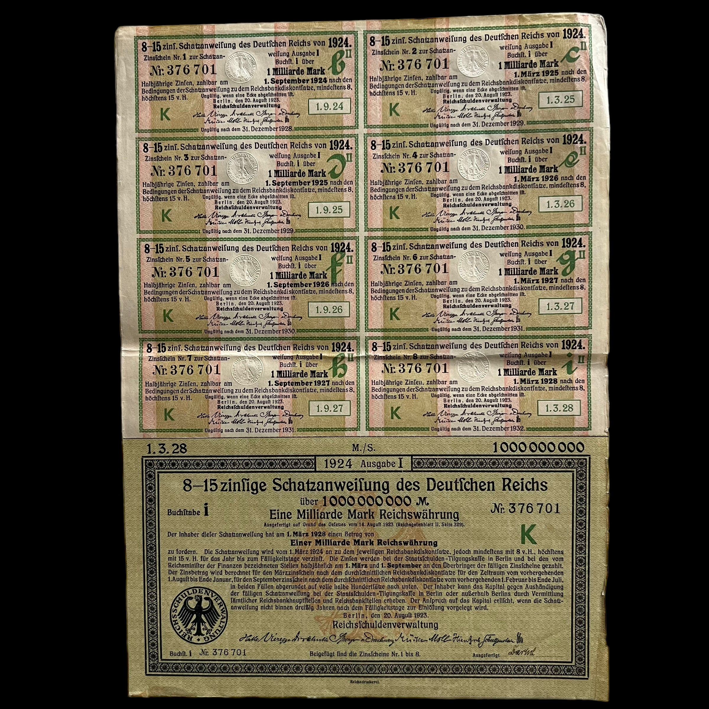 1924 Germany Treasury Bond – 8.15% – 1 Billion Mark With Passco Certification