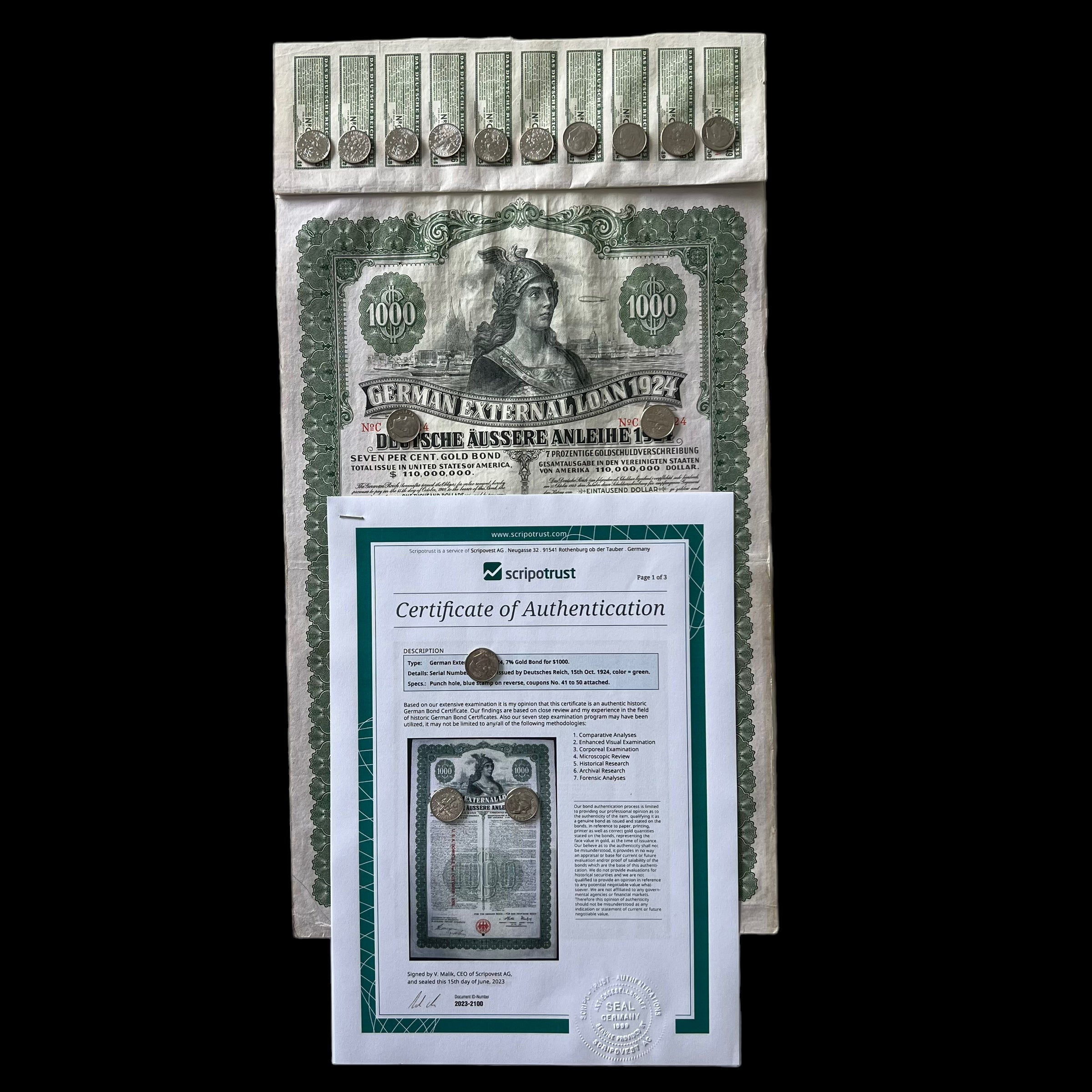 Préstamo externo alemán de 1924 – Bono de oro al 7% – $1000 – Con certificación Scripotrust