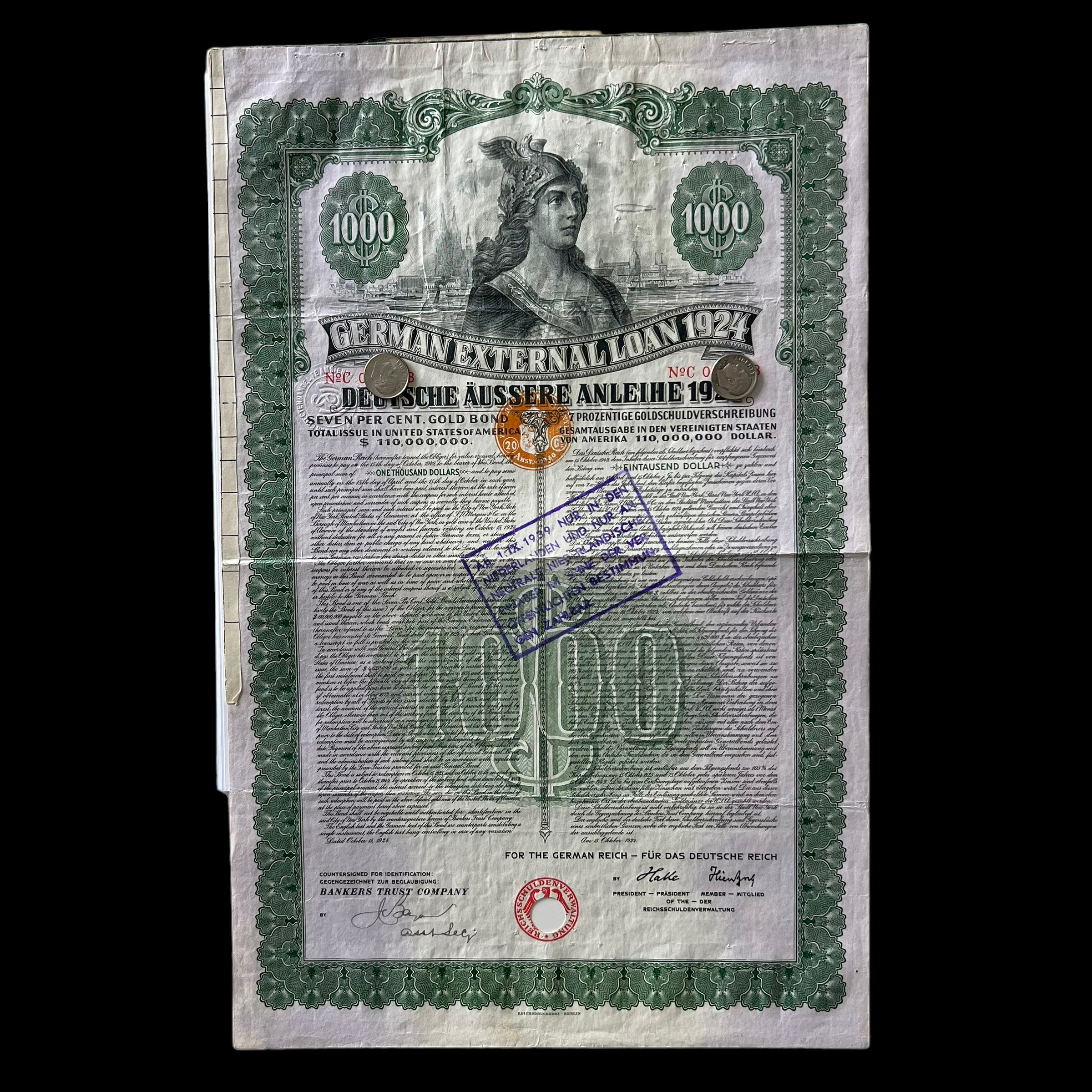 Préstamo externo alemán de 1924 – Bono de oro del 7% – $1000 – Con certificación Passco