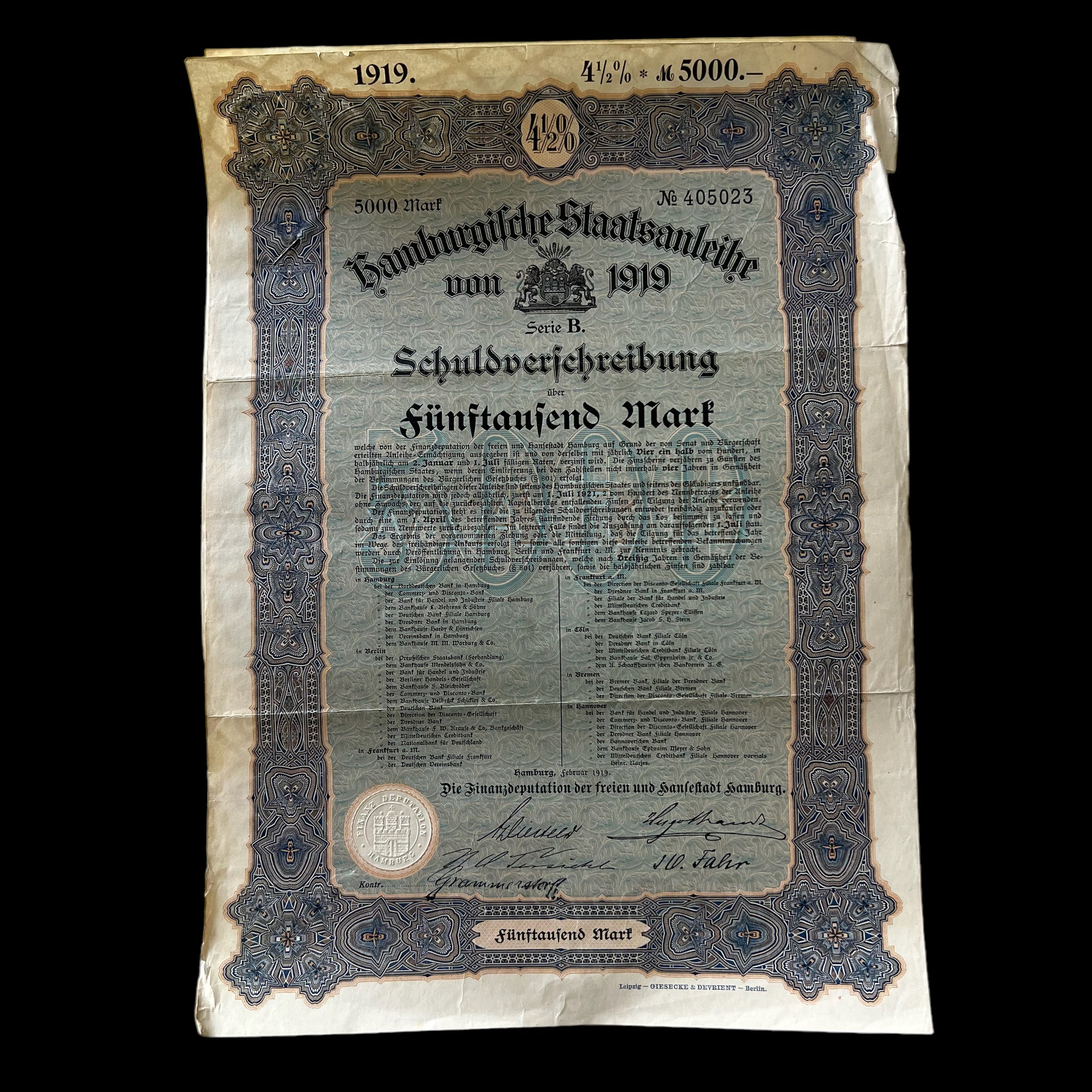 Bono del Estado de Hamburgo de 1919 Bono de 5.000 marcos