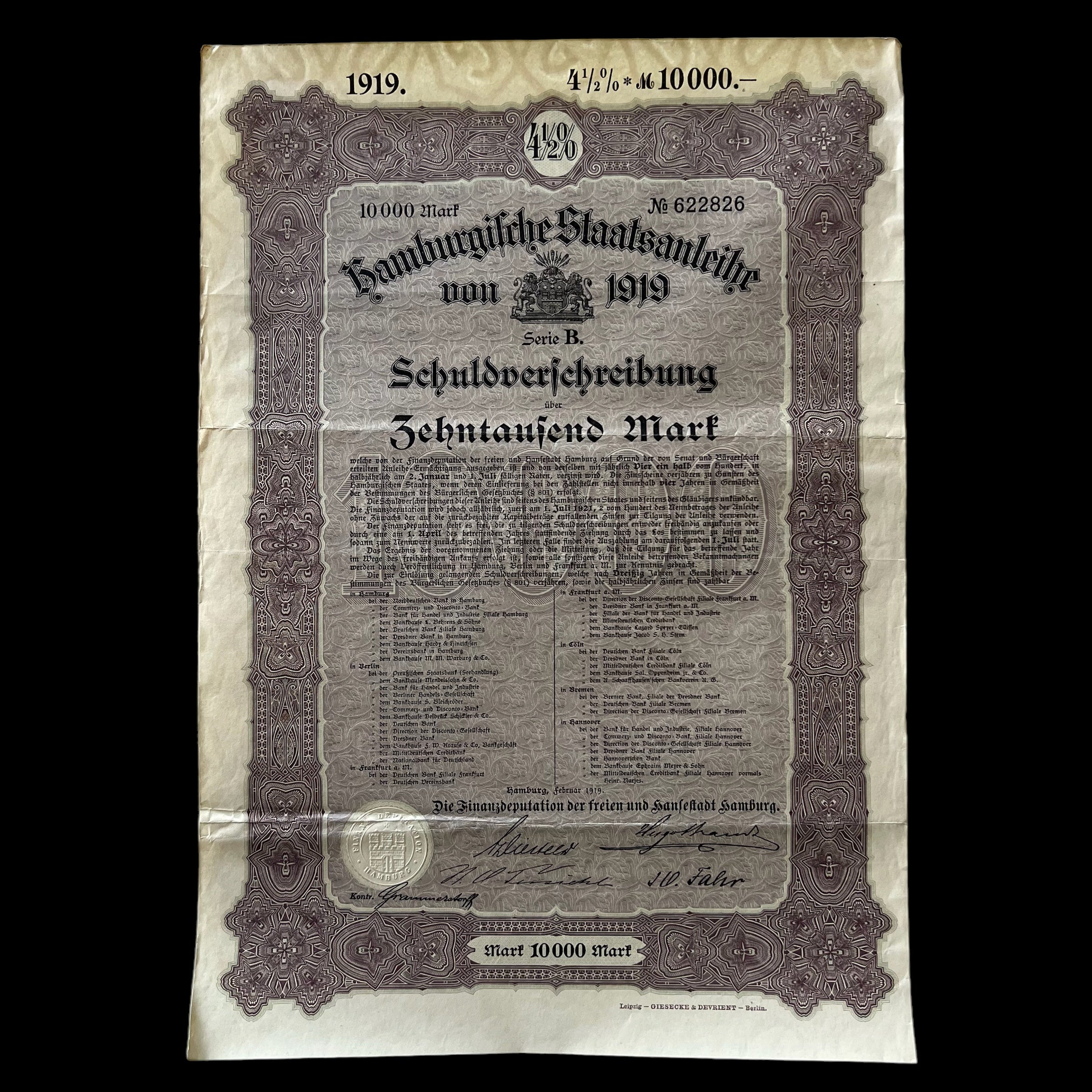 1919 Hamburgifche Staatsanleihe 10000 Mark Bond