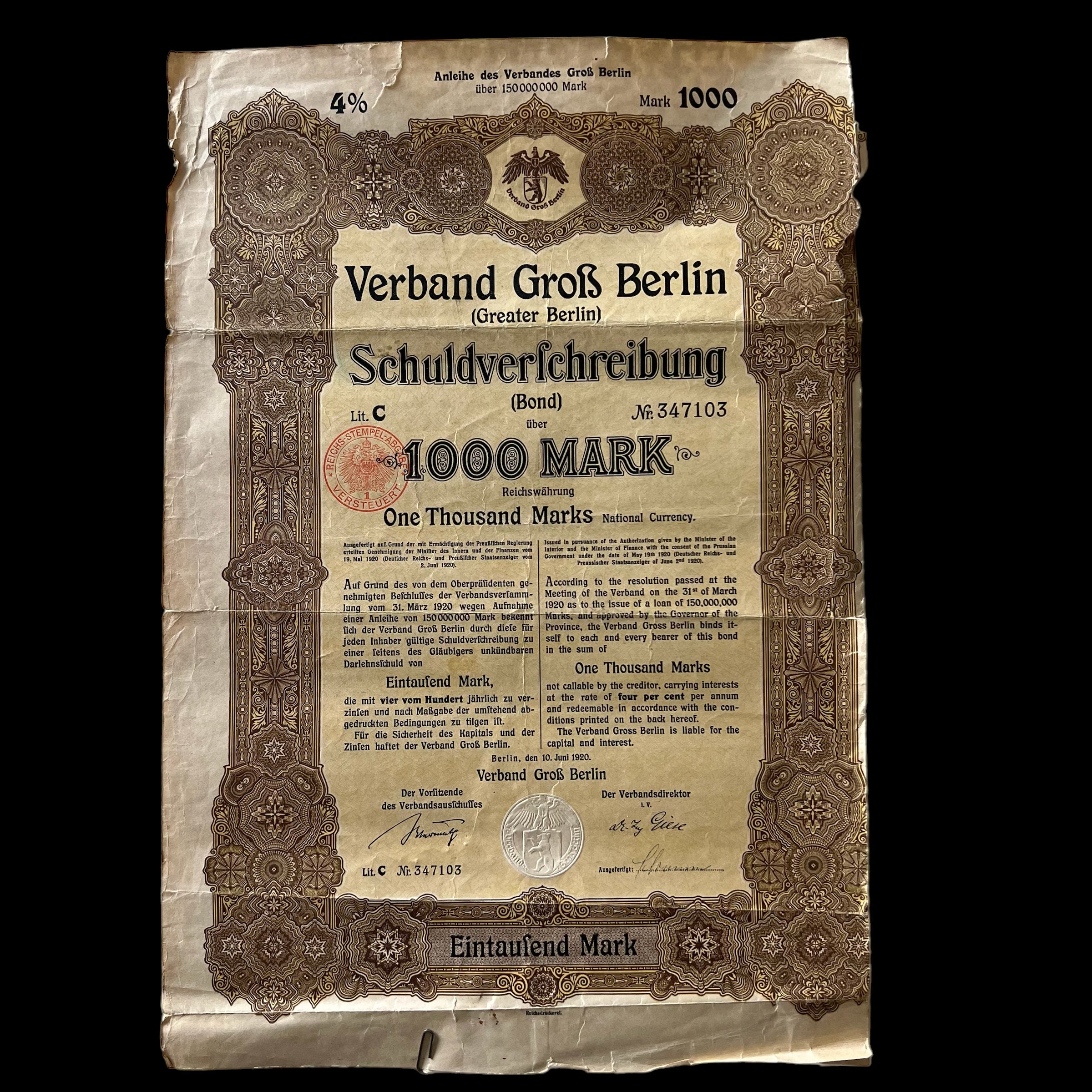 Bono de obligaciones de 1920 de la Asociación del Gran Berlín 1000 marcos