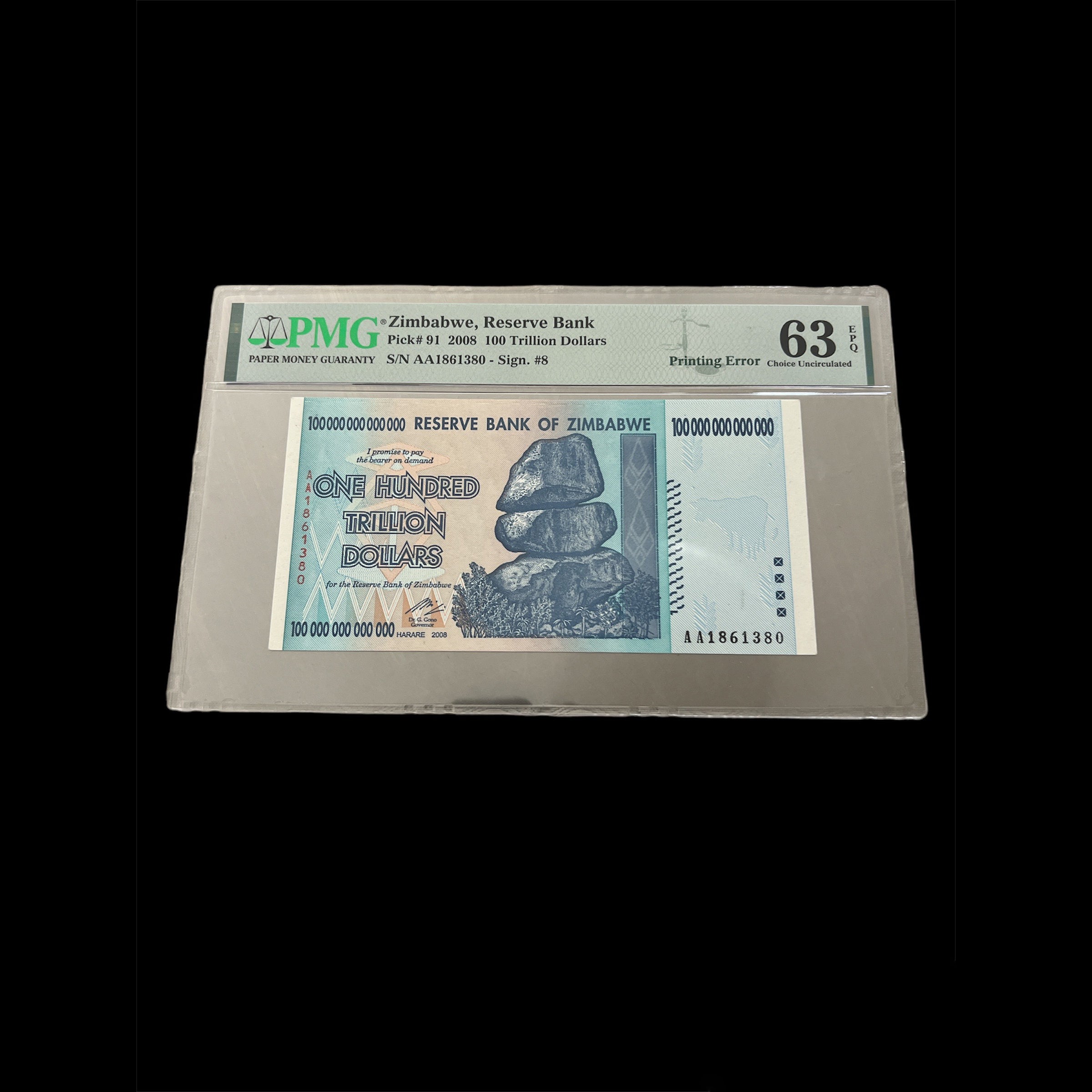 Zimbabwe-100 Trillion Dollar Pmg 63 Printing Error No Logo Bird